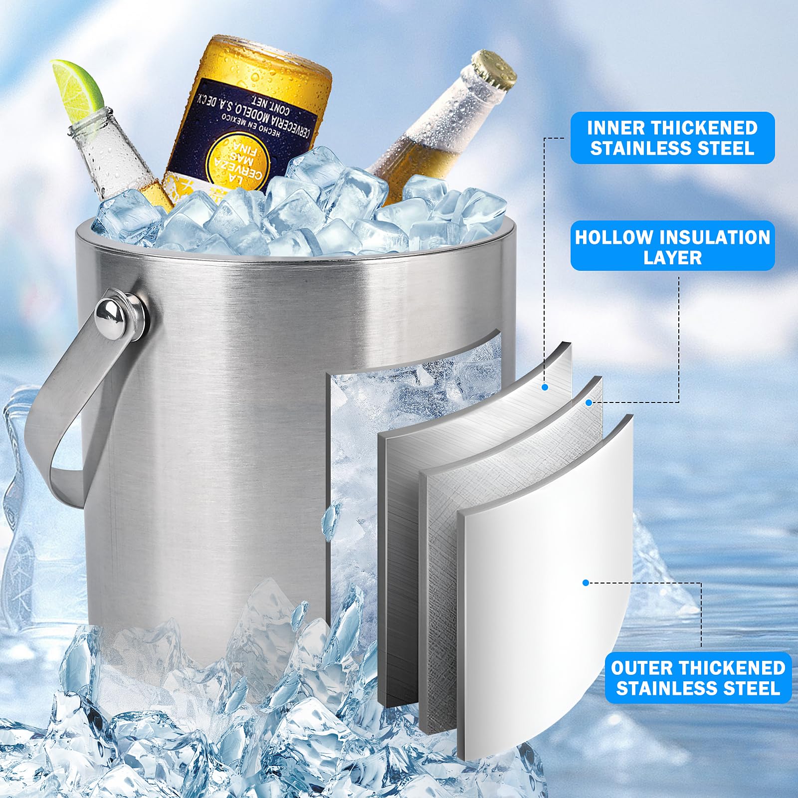 2L Récipient à Glaçons, Seau à Glace en Acier Inoxydable Isolé à Double Paroi avec Couvercle, Cuillère, Pinces et Passoire, Idéal pour Les Bars à Cocktails, Les Fêtes, Le Champagne