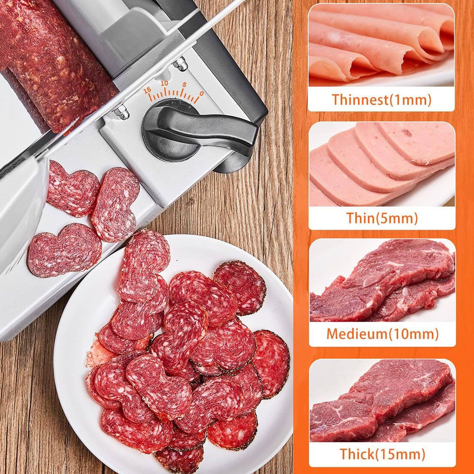 Affettatrice per Carne da 200W, Affettatrice Elettrica per Uso Domestico, Spessore Regolabile da 1 A 15 mm, con Lama in Acciaio Inox da 190 mm, per Carne, Formaggio, Pane, Verdure Silver