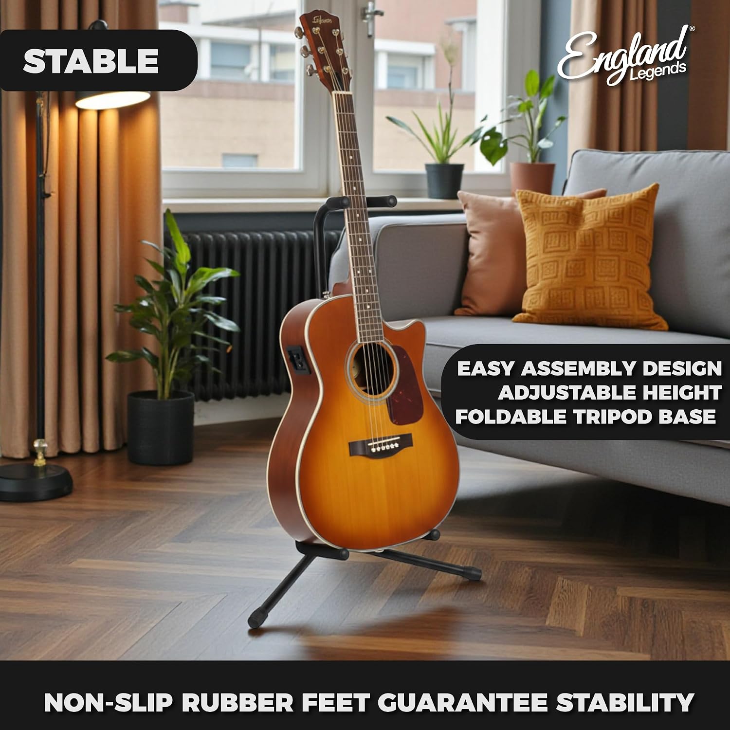 Guitar Stand – Adjustable A-Frame Foldable Floor Stand with Secure Lock – Heavy-Duty Steel – Compatible with Electric, Acoustic, Classical & Bass Guitars