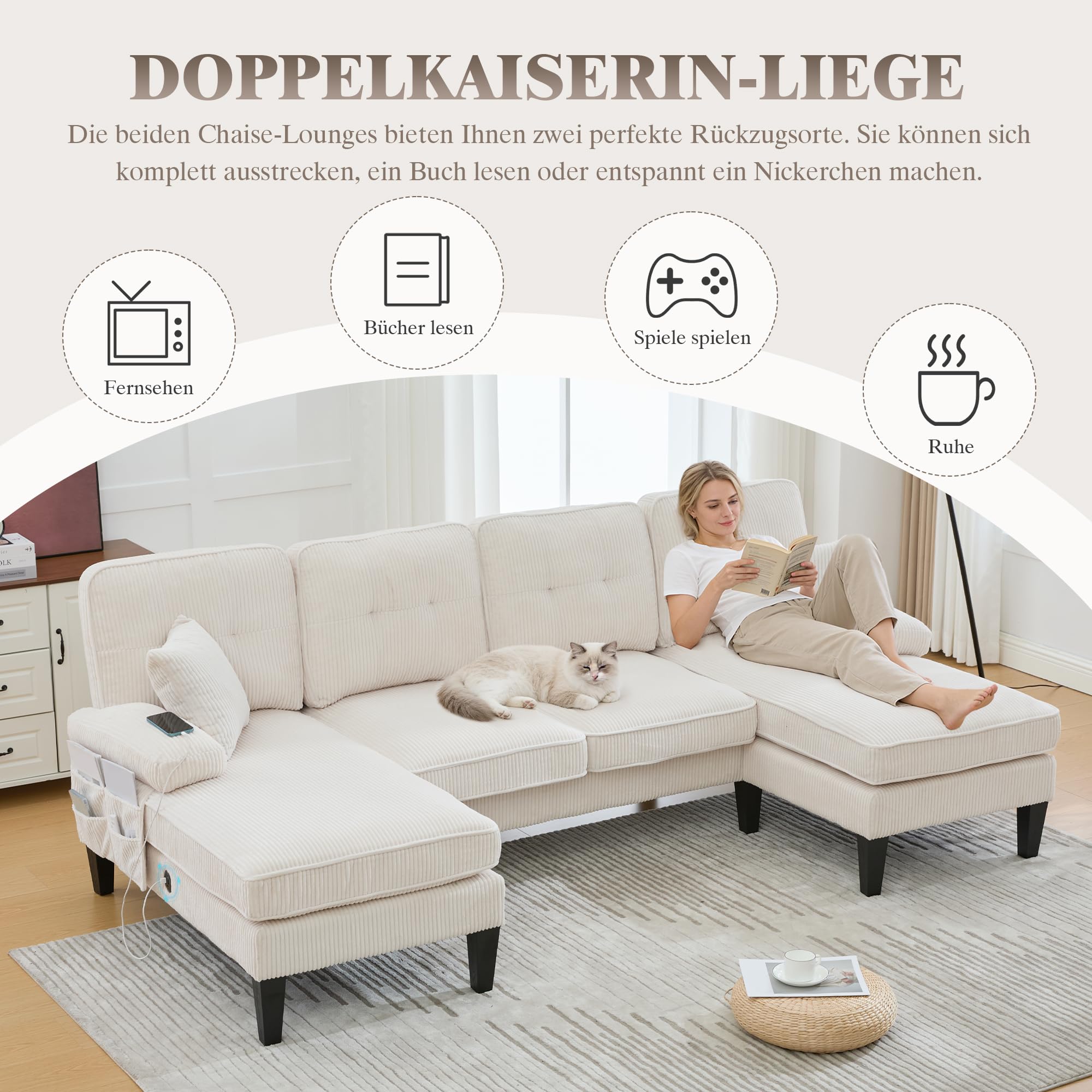 Canapé d'angle Convertible, Canapé 4 Places avec Méridiennes, Porte-Gobelets, Poches Latérales, Ports USB et Type-C, Tissu en Coton Lin, Canape en U pour Salon, Appartement