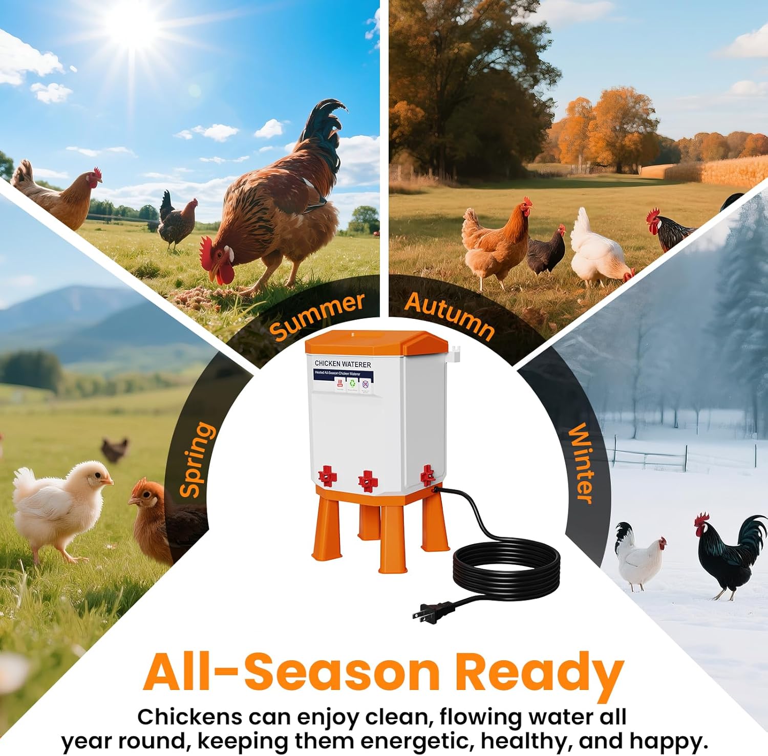 Heated Chicken Waterer 3.2 Gallon, Chicken Water Heater for Winter, Freeze Proof Chicken Waterer, 4 Nipples for Clean Water，Detachable Legs, Adjustable Height for Chickens, Pigeons, Beaked Poultry