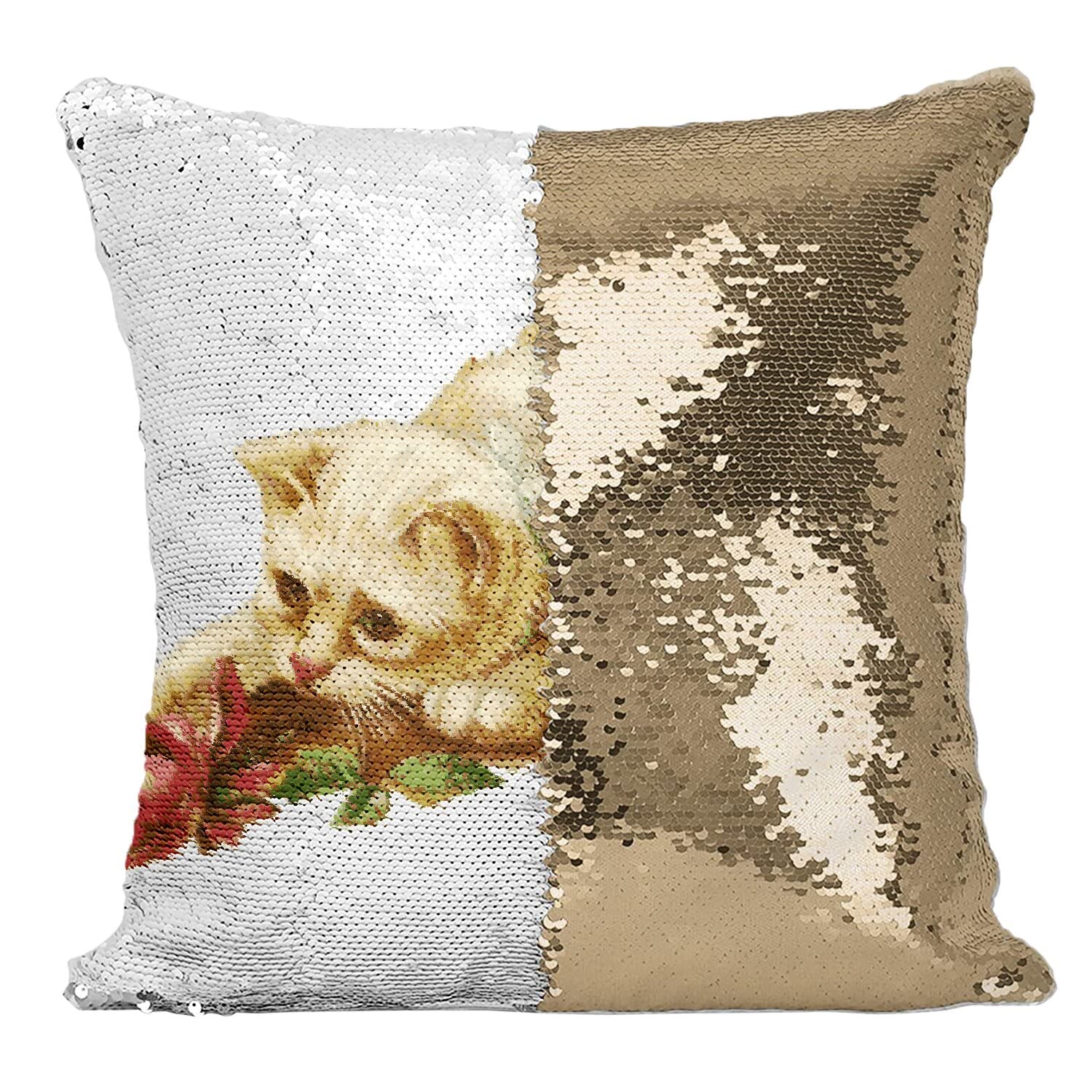 Coussin chat blanc sequins dorés pour transformer l'ambiance de votre chambre