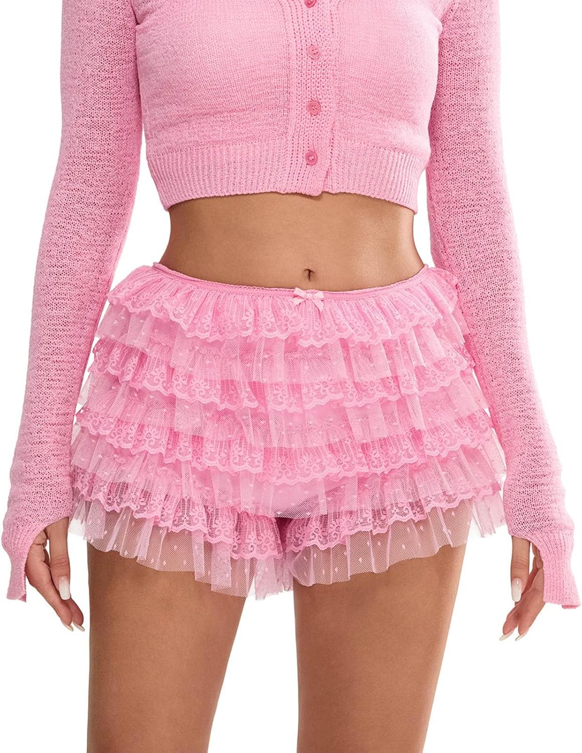Lolita Bloomers for Women Trendy High Waisted Layering Ruffle Booty Shorts Lace Trim Rave Party Clubwear Streetwear