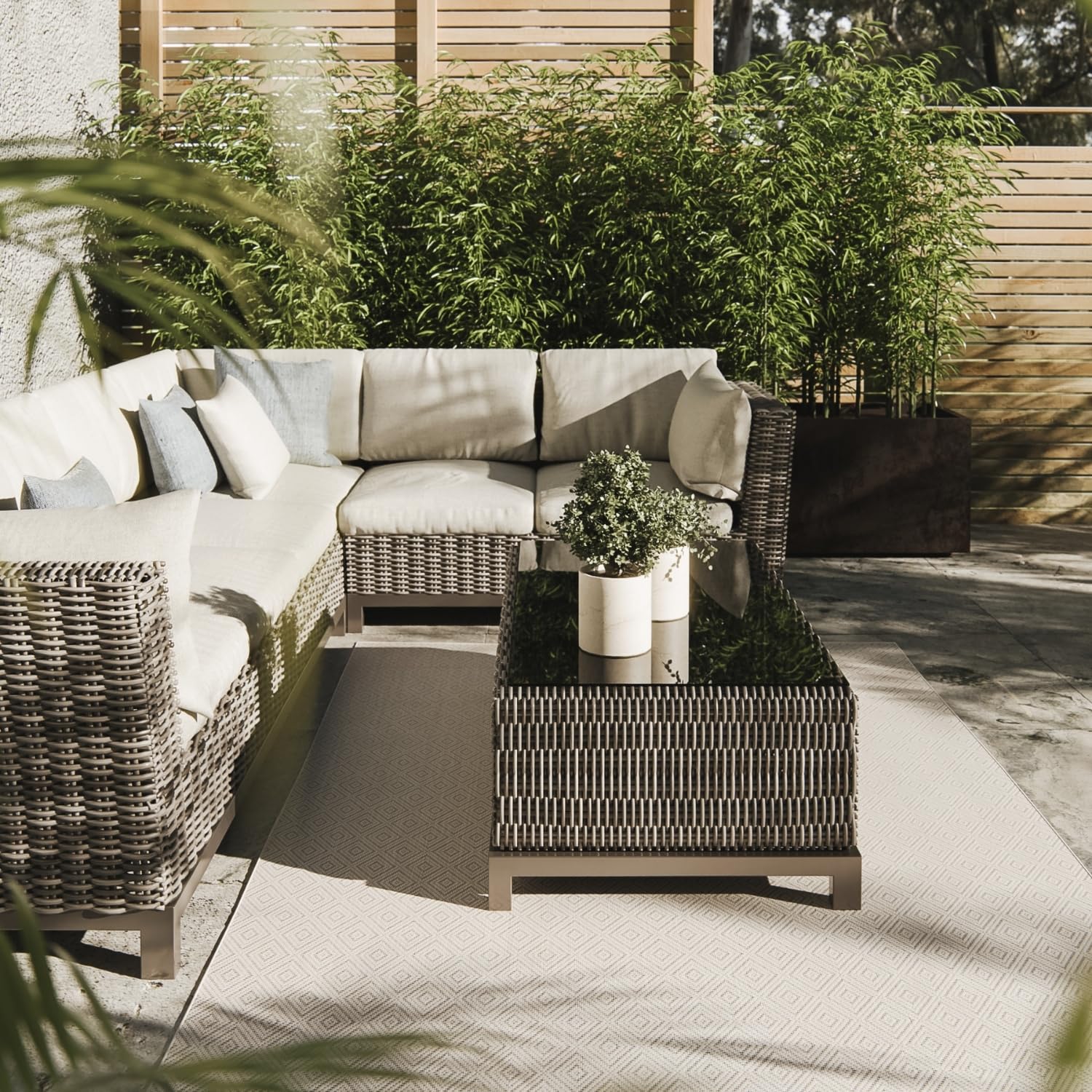 Tapis extérieur Lome blanc 200x300 motif géométrique grand tapis de terrasse et balcon