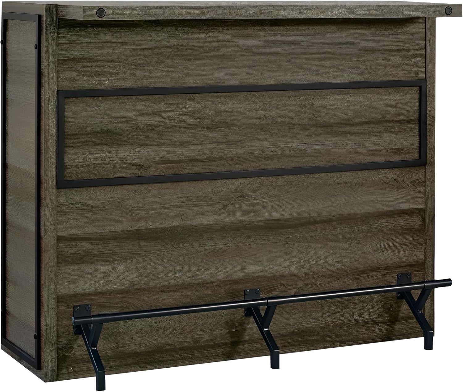 CARTESIAN Modern Home Bar Cabinet with Wine Storage, Rustic Gray Wood, Metal Footrest, Stemware Rack, 5 Shelves