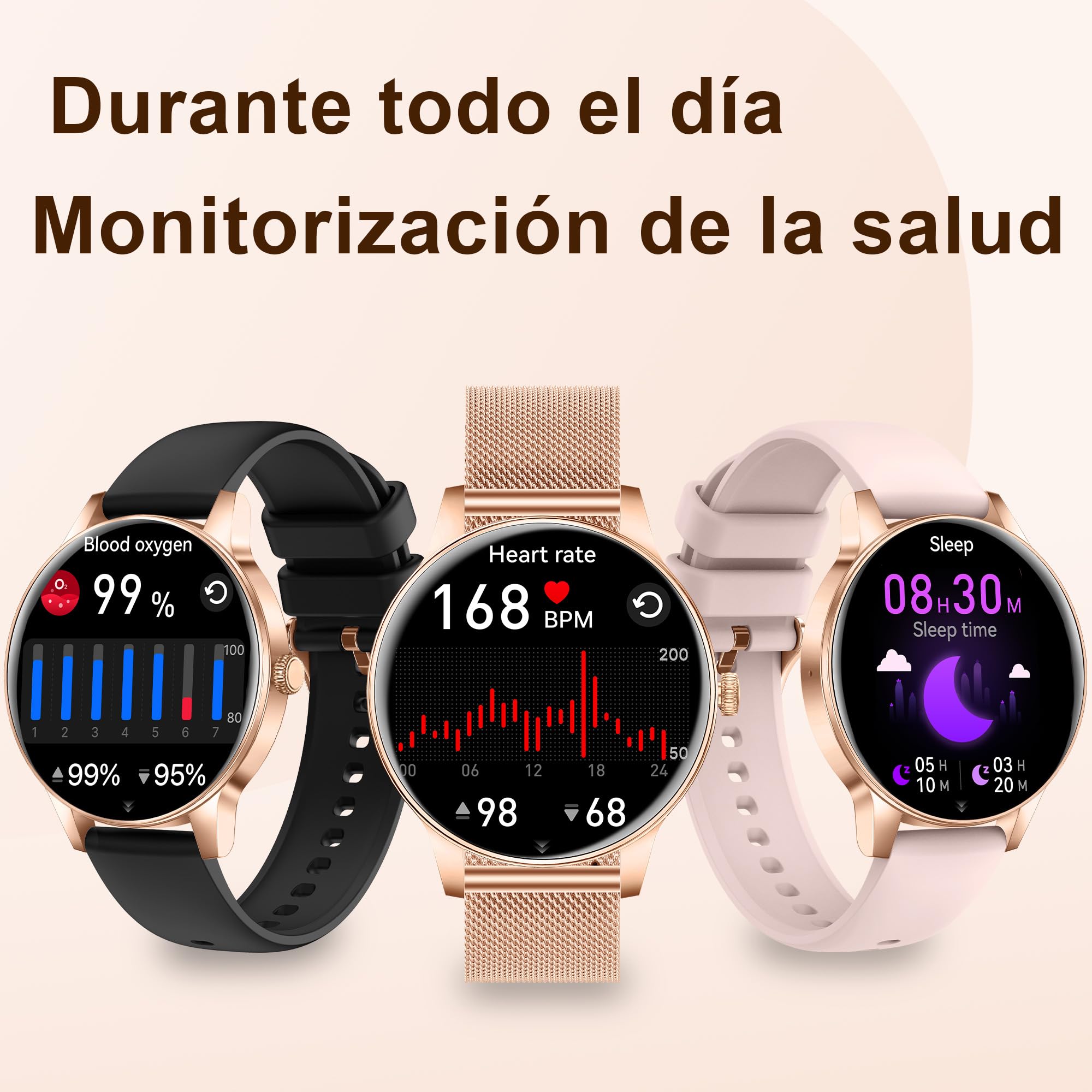 Reloj Inteligente Mujer con Llamadas Bluetooth, 1.27" HD Redonda | Reloj Salud para Android iOS, Monitor Sueño, Podómetro, Pulsómetro, 110+ Deportes, IP68 Impermeable,Oro Rosa