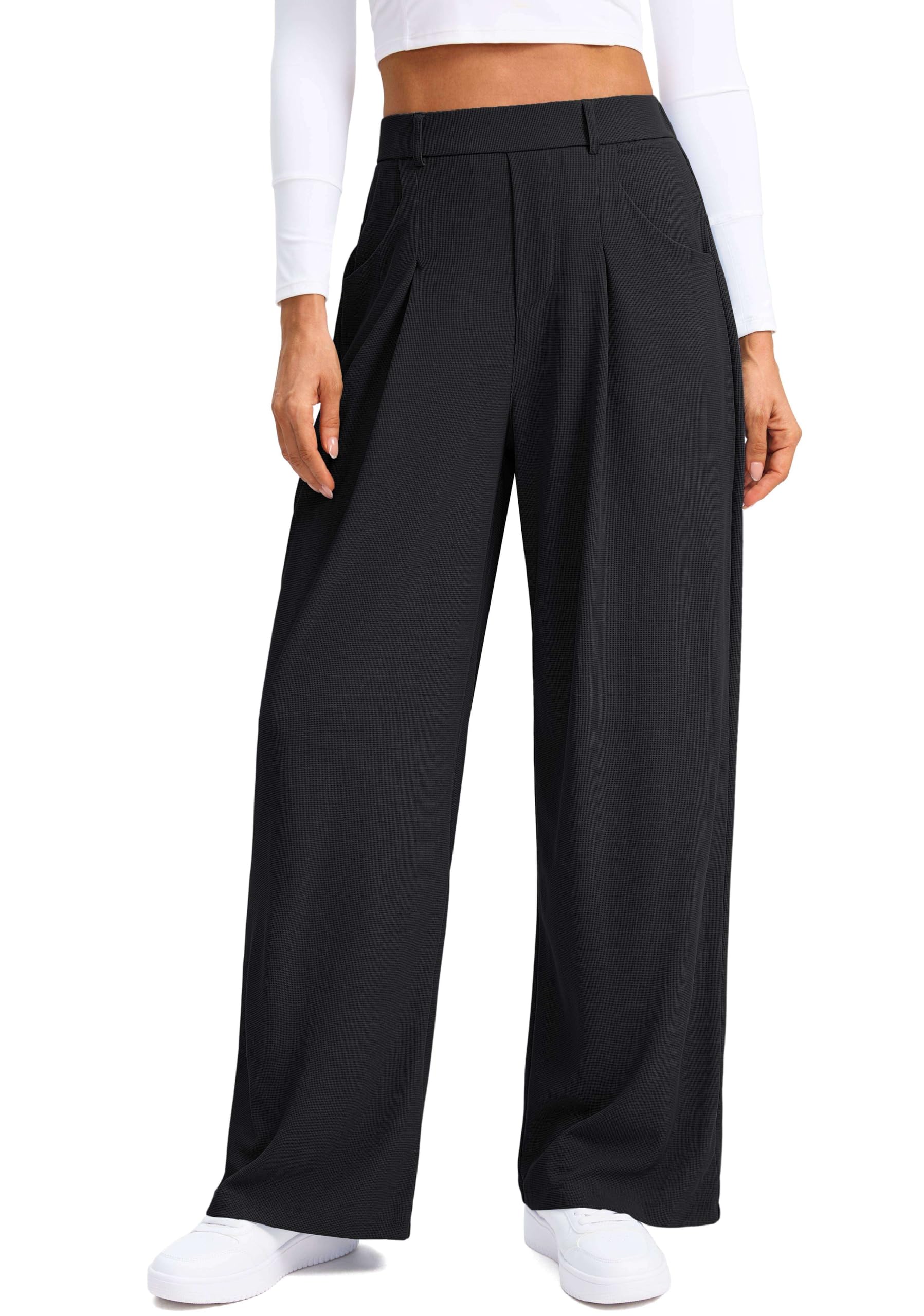 SANTINY Wide Leg Pants Woman Elastic High Waisted Waffle Knit Slacks Business Casual Work Pants Pleated Trousers with Pockets