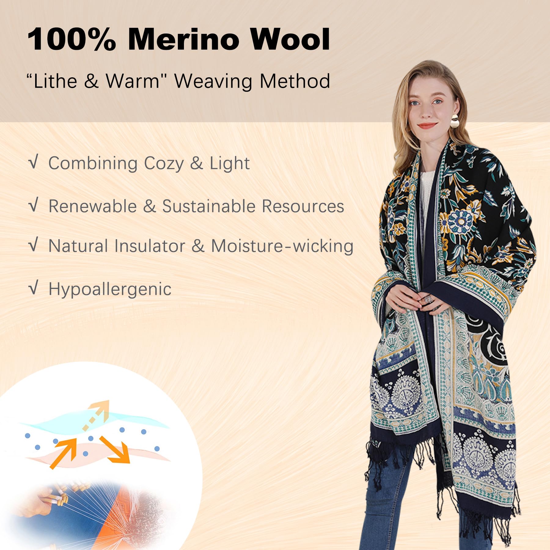 DANA XU 100% lana merino extra large pashmina scialle per le donne | 243,8 x 109,2 cm oversize in cashmere con nappe fatte a mano, mantello leggero da viaggio floreale per abito da sera