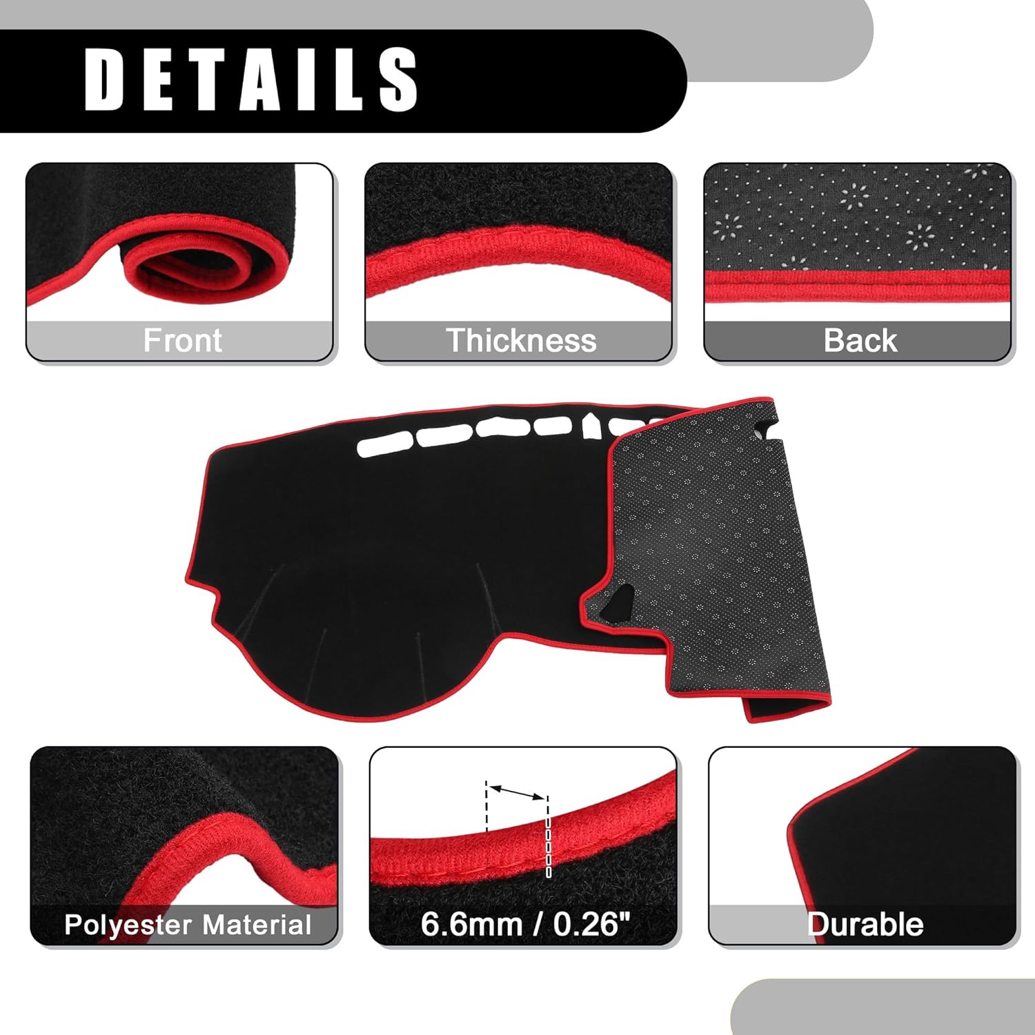 Dash Cover - Car Center Console Non-Slip Dash Board Mat - for Kia Rio 2011-2014 - Polyester Black Red - 1Pc