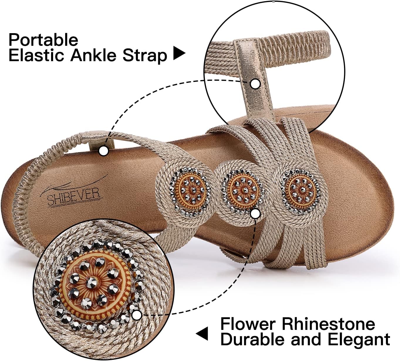 SHIBEVER Womens Sandals Wedge Low: Elastic Ankle Strap Wedge Sandal - Dressy Sandals Women - Comfortable Open Toe Champagne Size 8 - Image 4