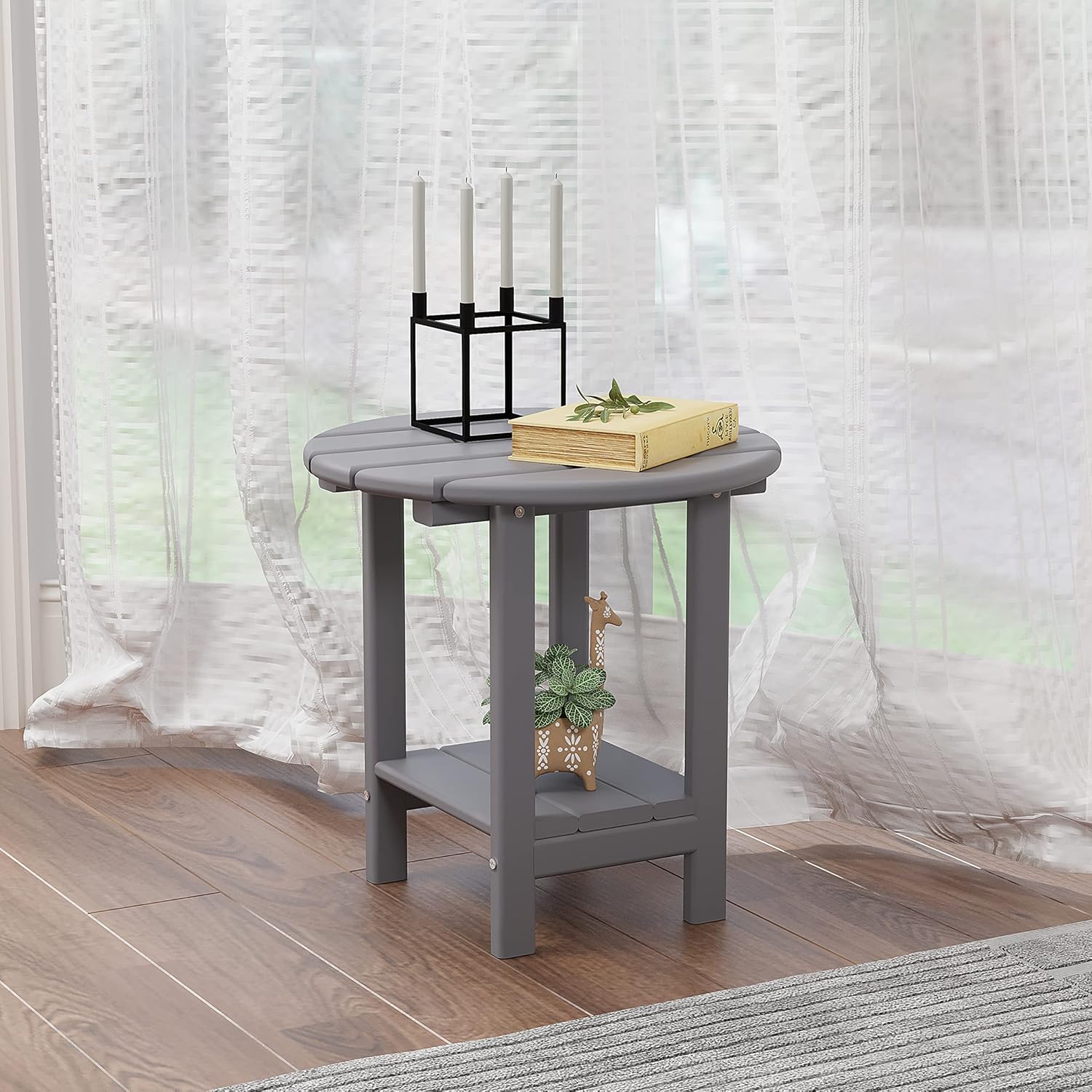 Sundale Outdoor 18" Round Side Table, Patio Adirondack Small End Table All Weather HDPE Water Resistant 2 Tier Round Outside Table for Pool, Garden, Beach, Grey