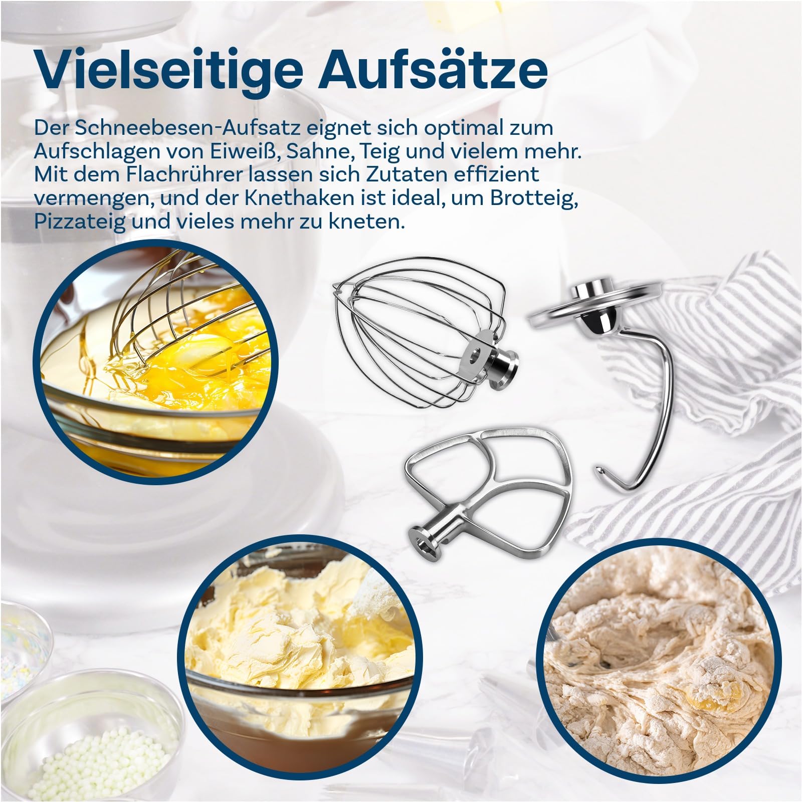 3er Zubehör Set aus Edelstahl für KitchenAid 4.3, 4.7/4.8L Artisan & Classic Serie Küchenmaschinen Zubehör von MMOBIEL – K45 6-Drahtiger Schneebesen, Flachrührer und Knethaken – Spülmaschinenfest