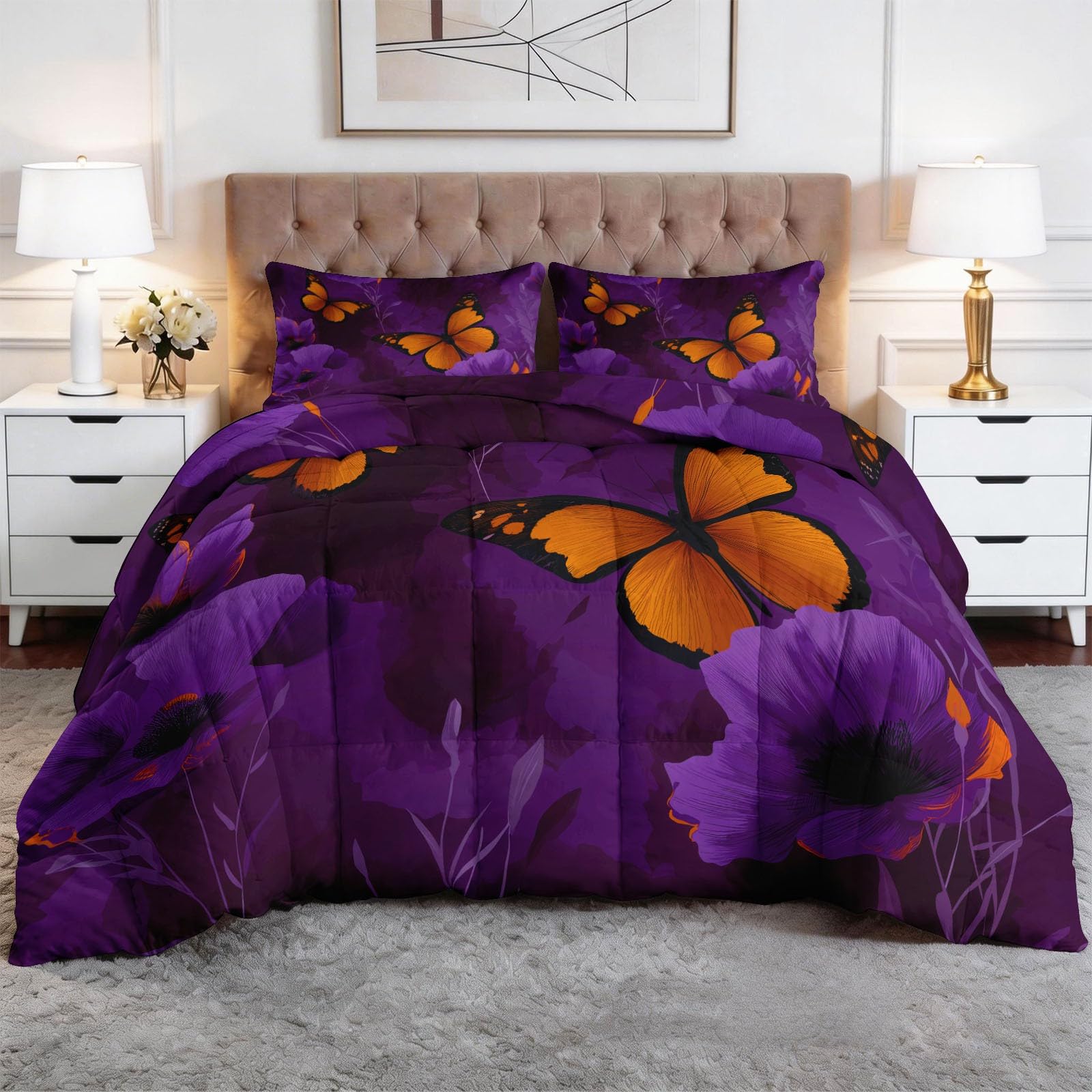 Edredón suave para pieles sensibles con diseño floral de mariposa en 200 x 200