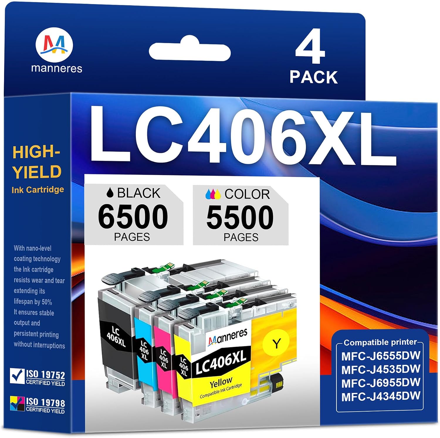 LC406XL Ink Cartridges High Yield Compatible for Brother MFC-J4335DW MFC-J4535DW MFC-J5855DW MFC-J6555DW MFC-J6955DW Printer (Black, Cyan, Magenta, Yellow, 4 Pack)