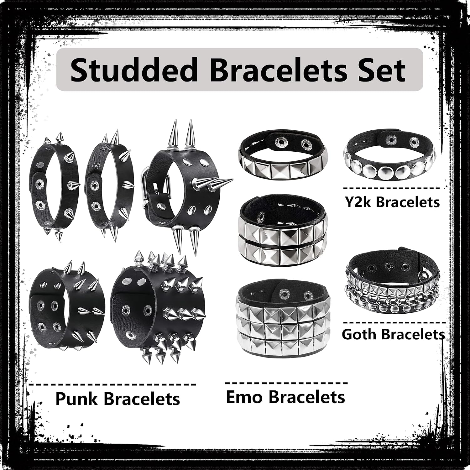 10 Pieces Studded Bracelet, Emo Spiked Bracelets Y2k Black Leather Rivet Punk Bracelet Rock Cuff Goth Bracelets Punk Accessories Halloween for Men Women