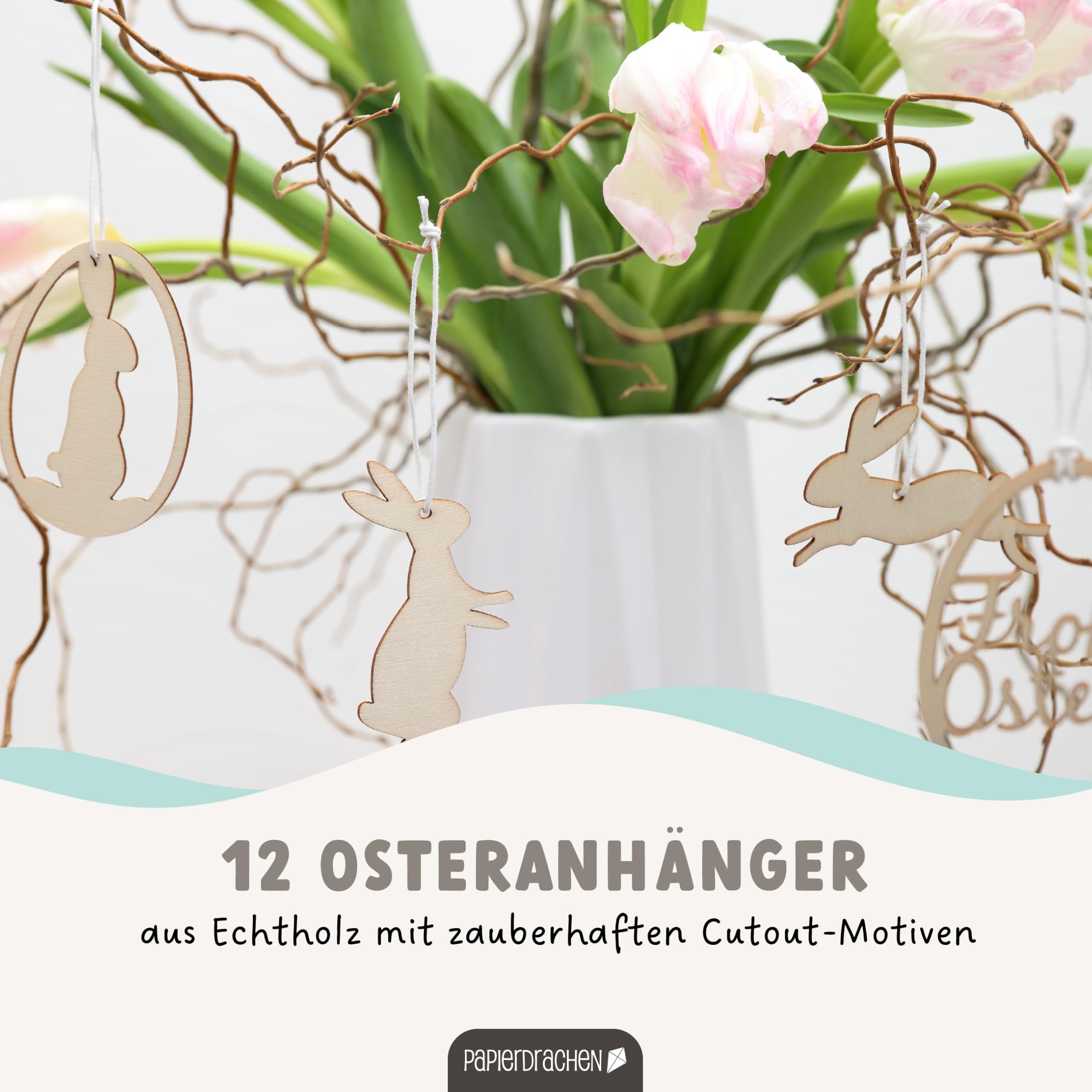 Papierdrachen 12 Wooden Easter Pendants, Reusable Easter Decoration 7 x 7 cm, 1.8 cm Thick, 4 Different Designs 3 x Each - Image 2