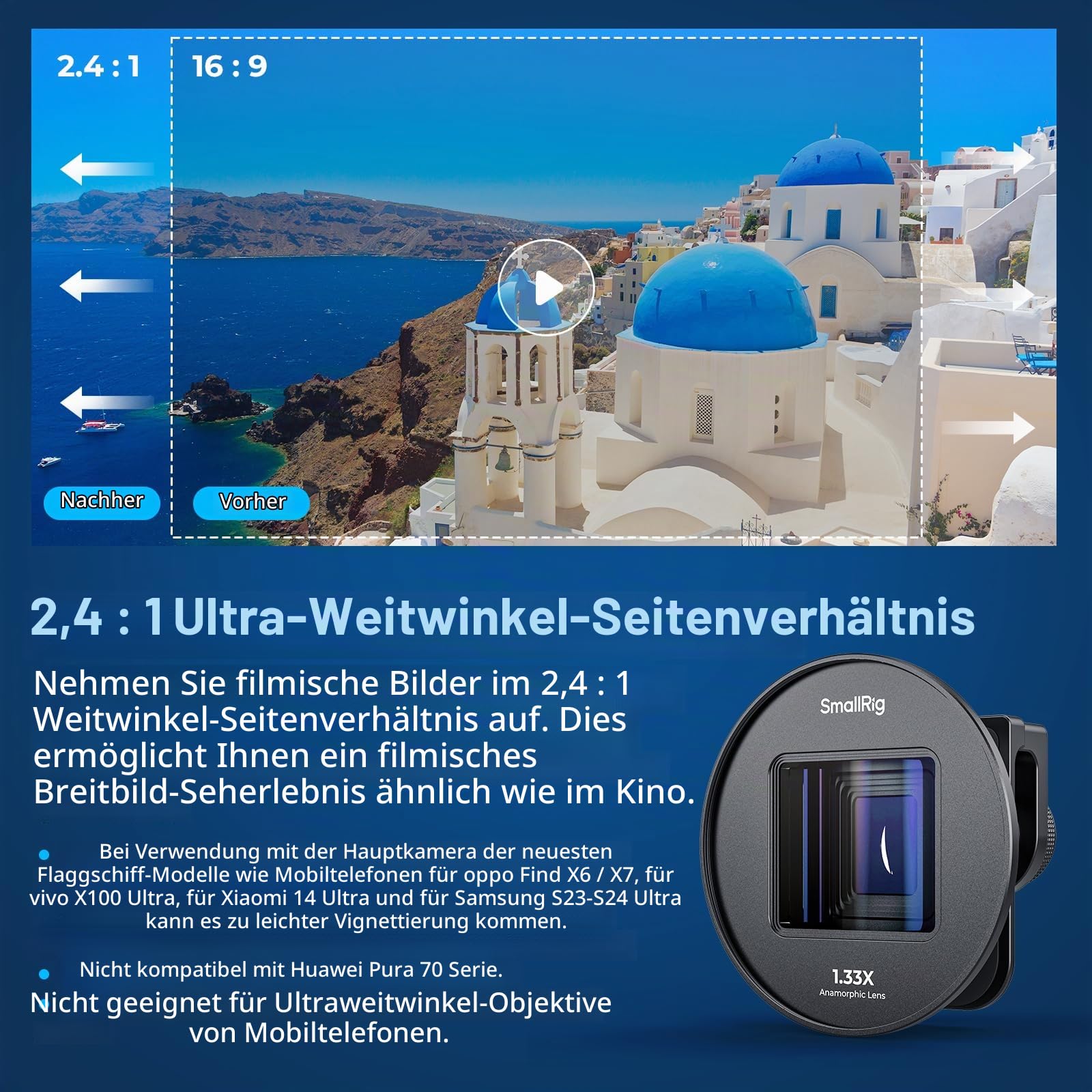 SMALLRIG 1,33x Anamorphotisches Objektiv für Mobiltelefone, 2.4:1 Breitbild-Deformationsobjektiv mit T-Mount für Filmaufnahmen, Handy-Kinoobjektiv für iPhone 15/14/13/12, für Samsung S21/S22-4590