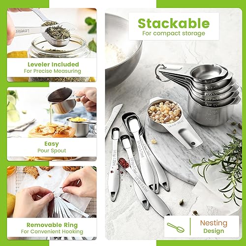 Miniatura 5 de Juego de tazas y cucharas medidoras de acero inoxidable Spring Chef de 14 piezas con nivelador, juego de tazas y cucharas medidoras de metal