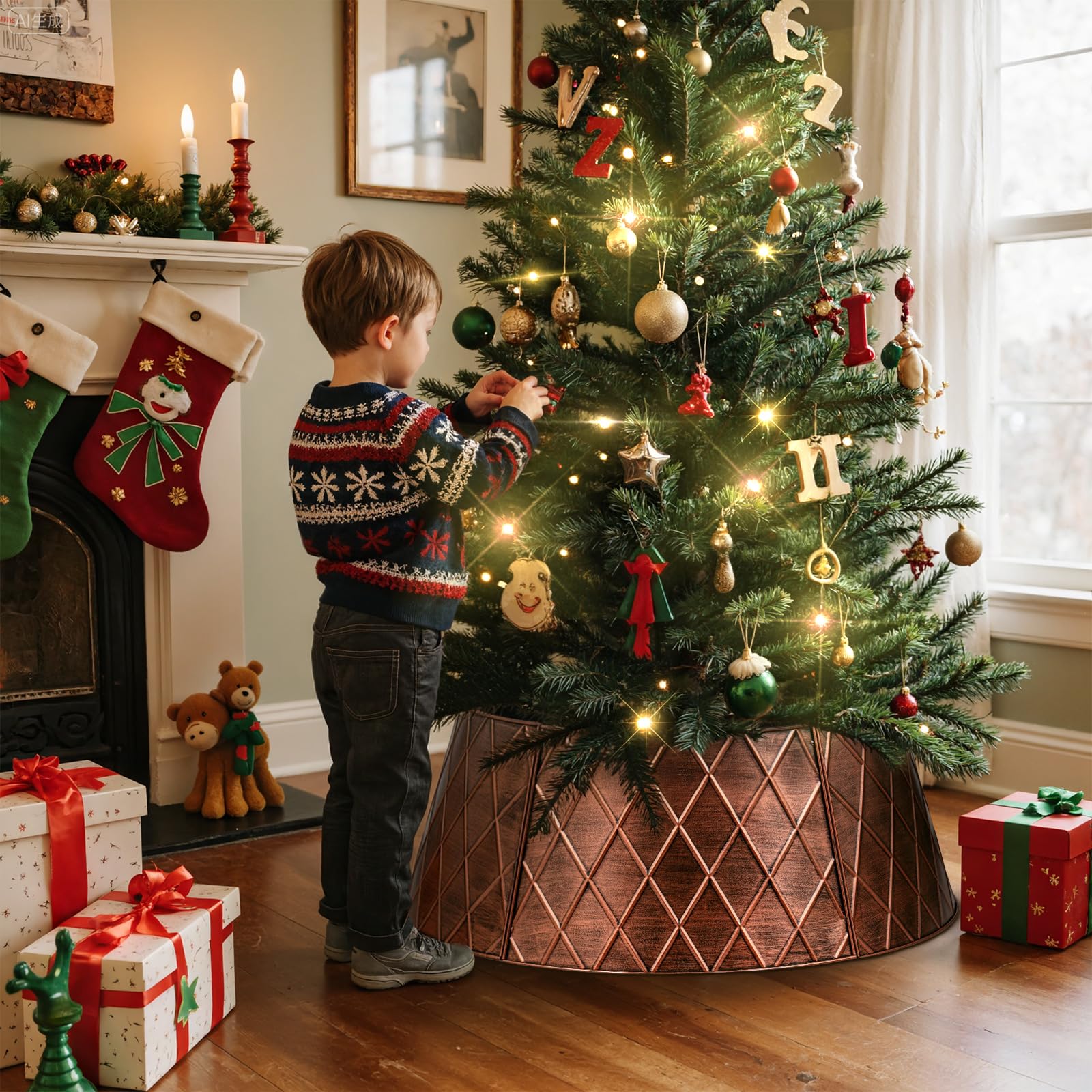 Lanpn Collier de Sapin Noël 50cm Décorations Arbre Artificiel Intérieur Extérieur Cuivre Losange