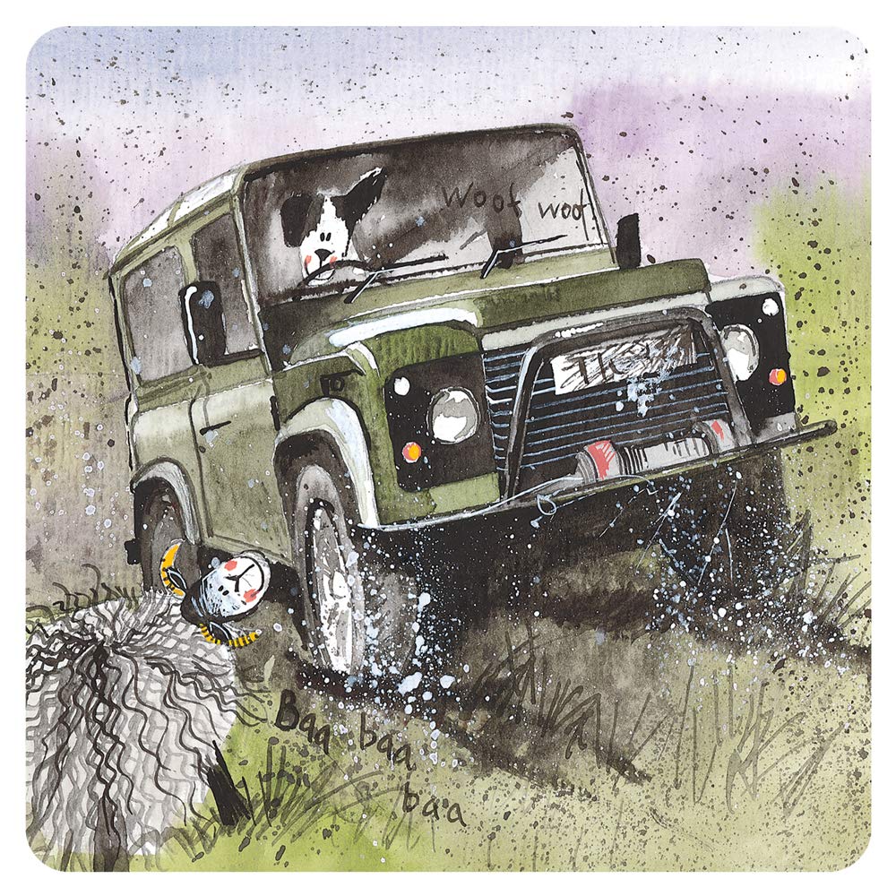 Alex Clark Art Men's Green Alex Clark Off Roading Coaster (Single) - Farm - Sheep - Border Collie - Watercolour Design - Cork Back