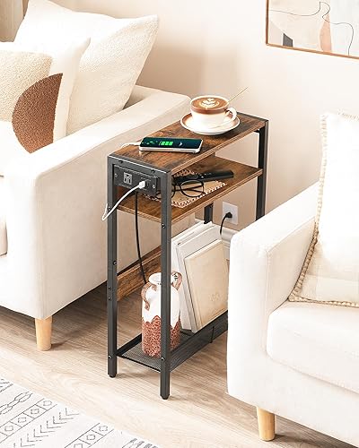 Miniatura 8 de Mesa auxiliar estrecha con estación de carga, mesa auxiliar pequeña, mesita de noche delgada para espacios pequeños, mesita de noche delgada con