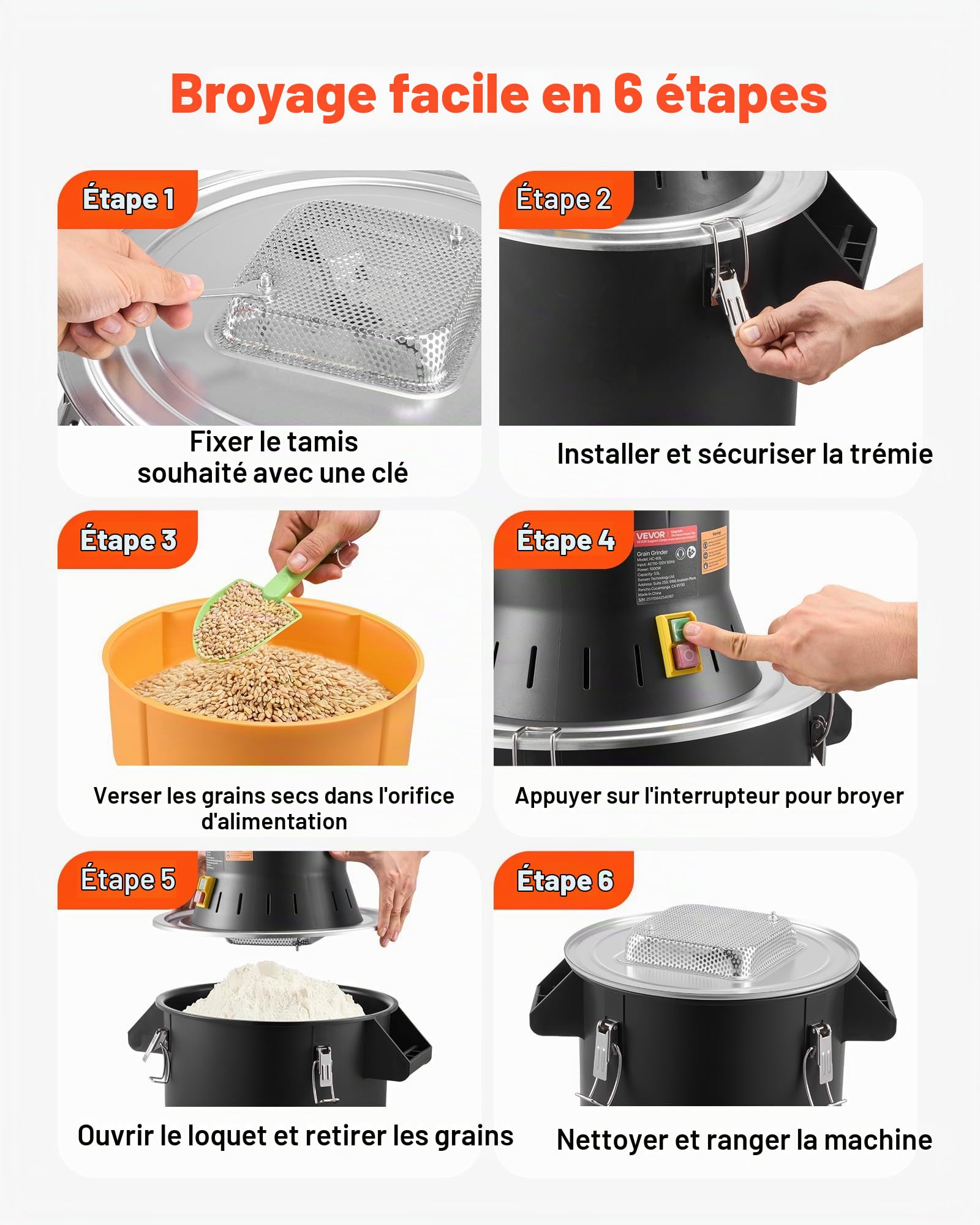 VEVOR Moulin à Grain Électrique Capacité 53 L, Broyeur à Épices 600 W Haute Puissance, pour Moudre Rapidement Grains Secs Céréales Café Maïs Poivre, Moulin à Farine avec Lames Galvanisées Tranchantes