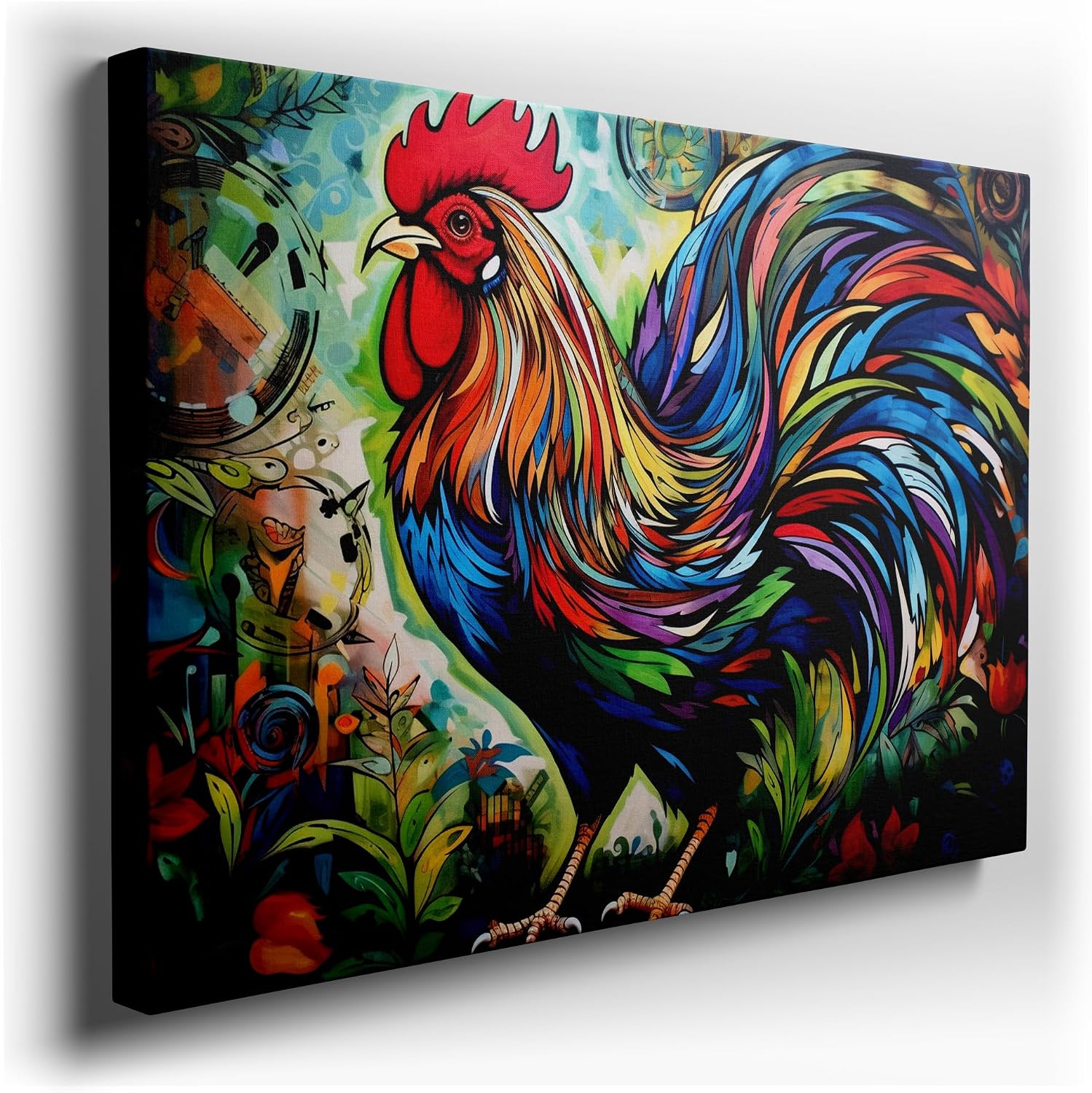 Canvas for Living room. Radiant Dawn Sentry - A Kaleidoscope of Colors in a Rooster's Realm, 27 x 18 inch Canvas Wall Art - Ready to Hang