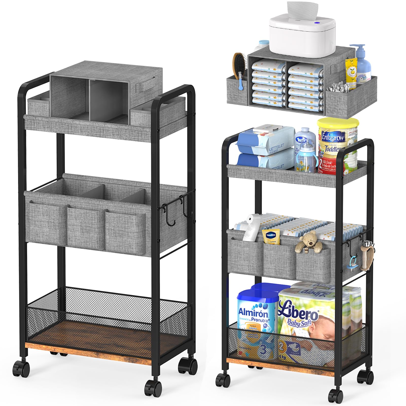 2In1 Baby Diaper Caddy Cart, 3-Tier Rolling Diaper Organizer Cart with Dividers, Mobile Metal Utility Cart with Wheels for Newborn Nursery Essentials Diaper Storage, Bedside Cart, Black-image-33