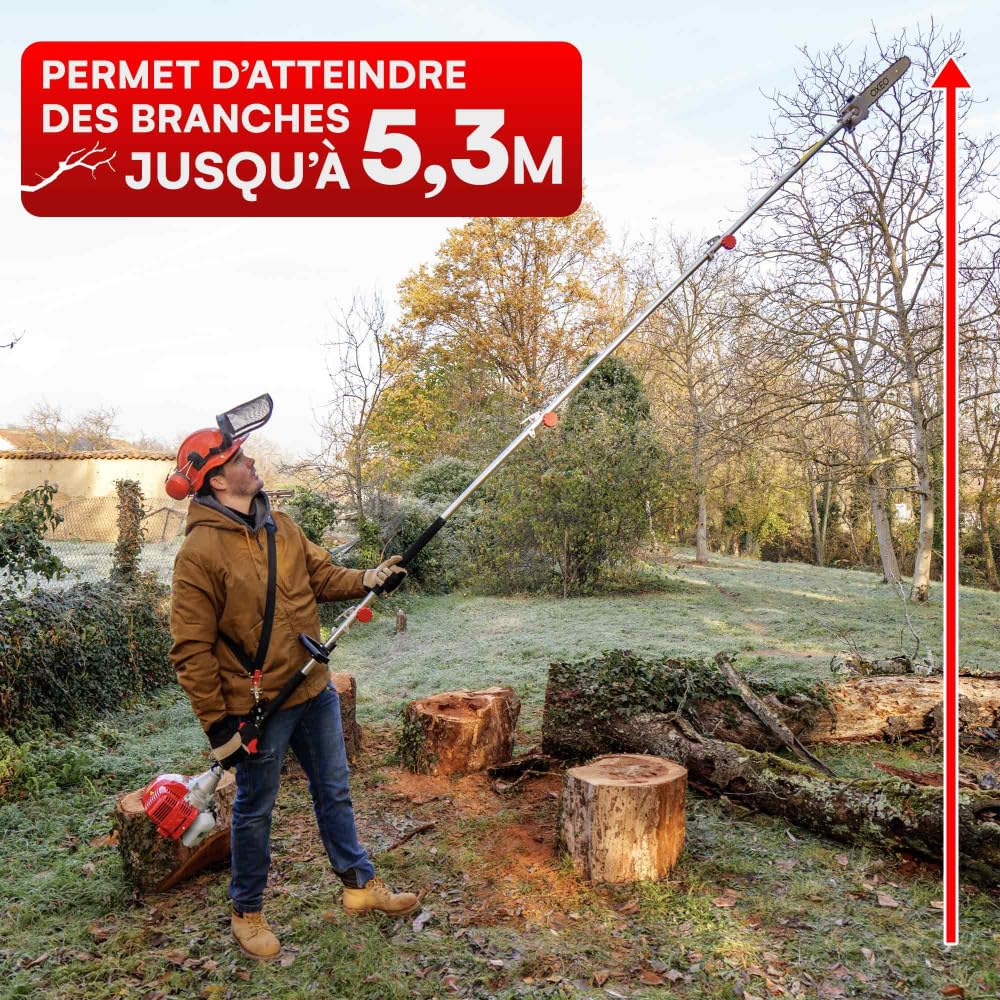 Elagueuse thermique sur perche - Moteur 2 temps 52 cm3-2 rallonges extensions - Longueur totale 4.06m - Guide chaîne 30cm