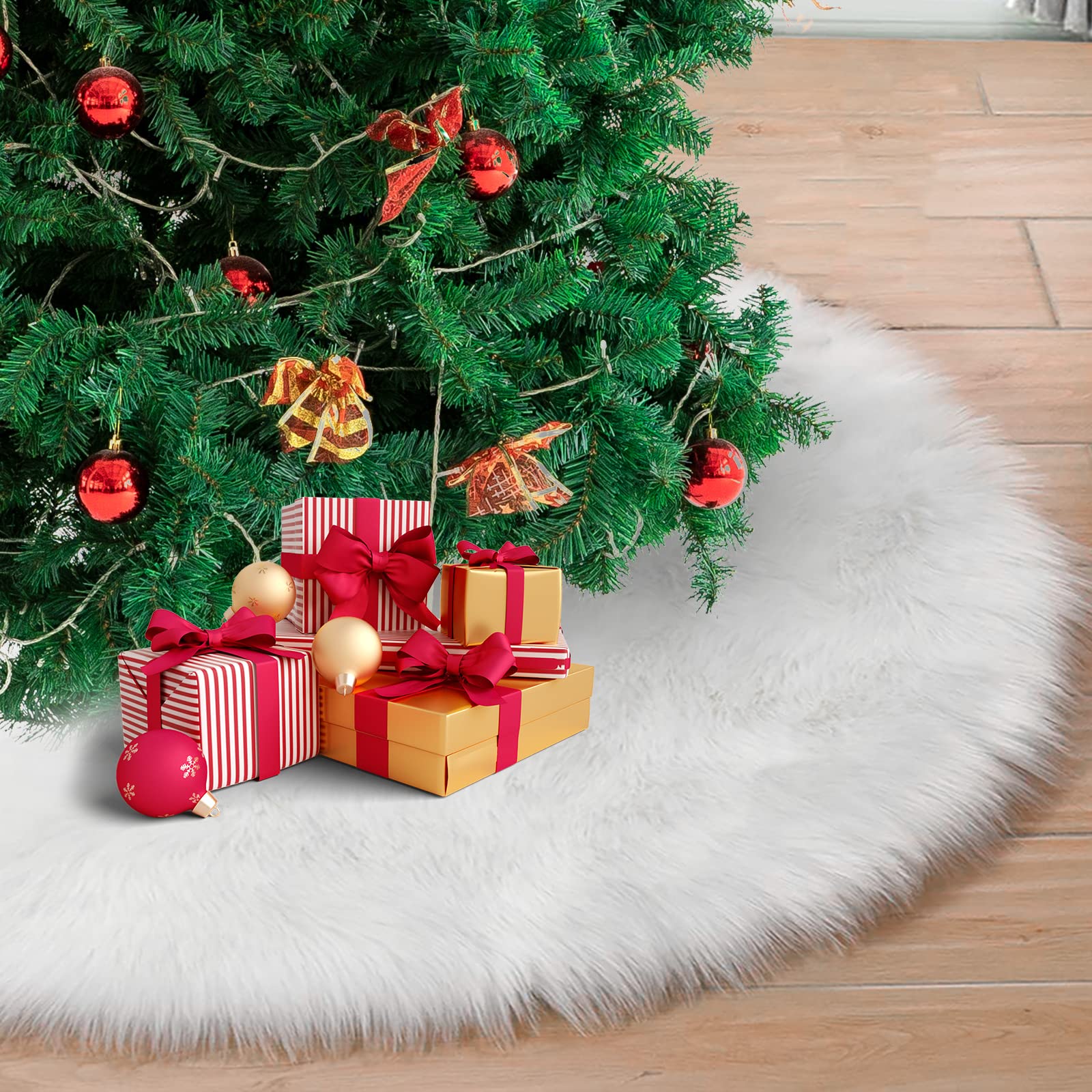 Christmas Tree Skirts - 48 Inch Faux Fur Christmas Tree Skirts, Snow White Xmas Tree Skirts with Soft Fluffy Long Fur, Tree Skirts for Christmas Tree Decorations