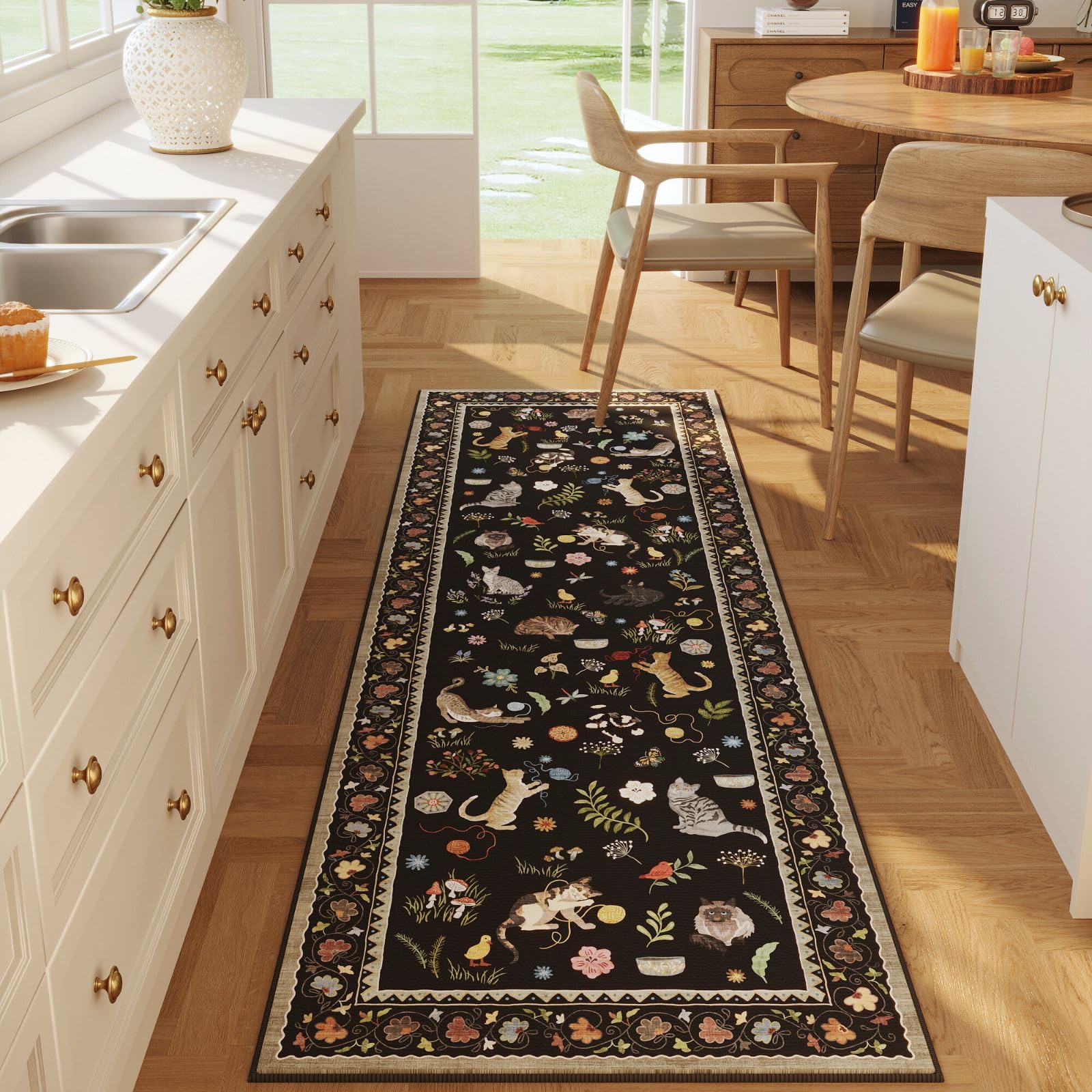 Rugcomf Runner Rug for Kitchen Non Slip 2'6''x8' Washable Rugs with Rubber Backing Soft Floral Animal Cat Carpet Runner for Kitchen Laundry Bedroom