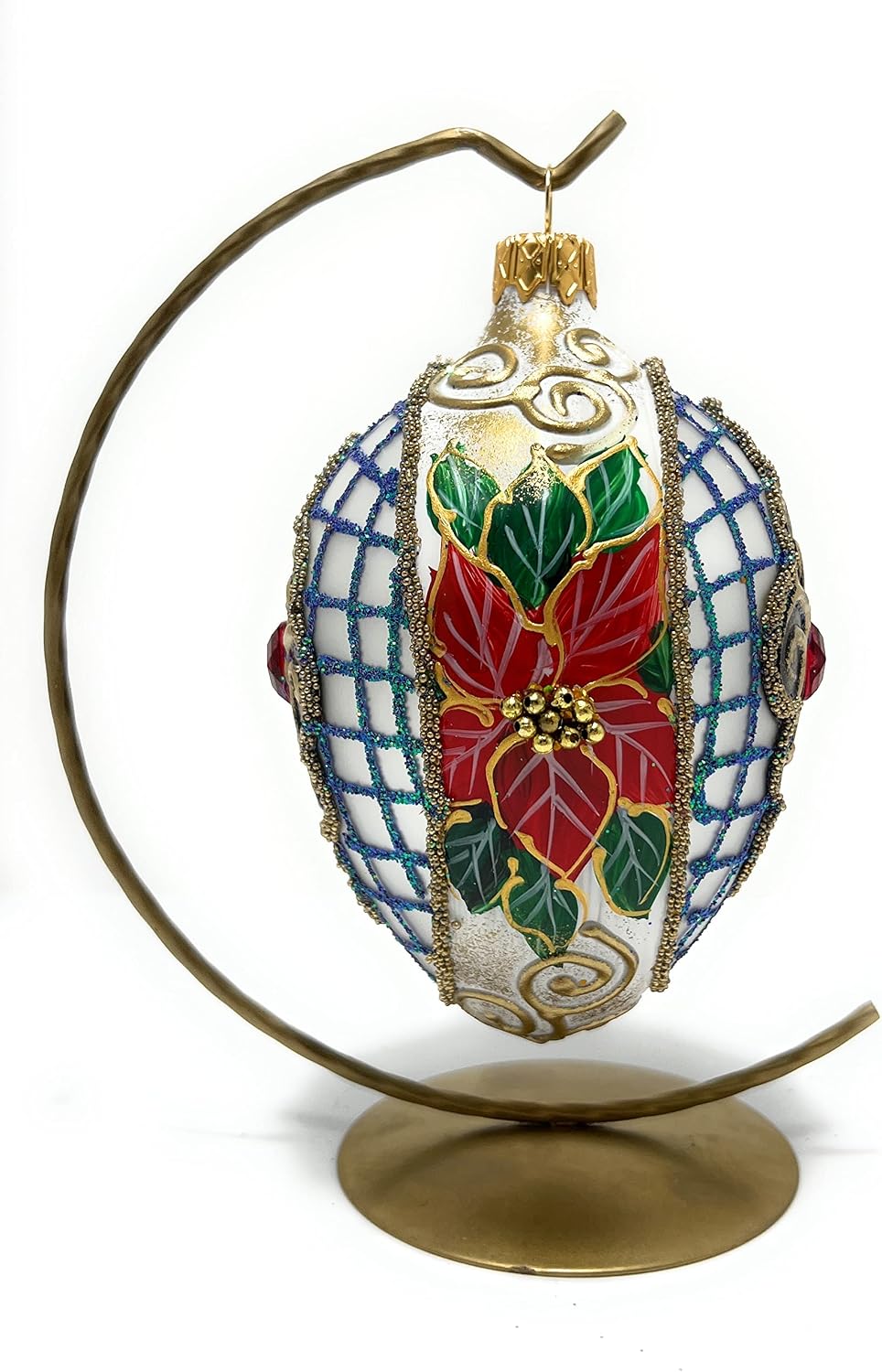Fabergé Egg 5-Inch Blown Glass Christmas Tree Ornament Red Poinsettia (Chromatic White, 5")