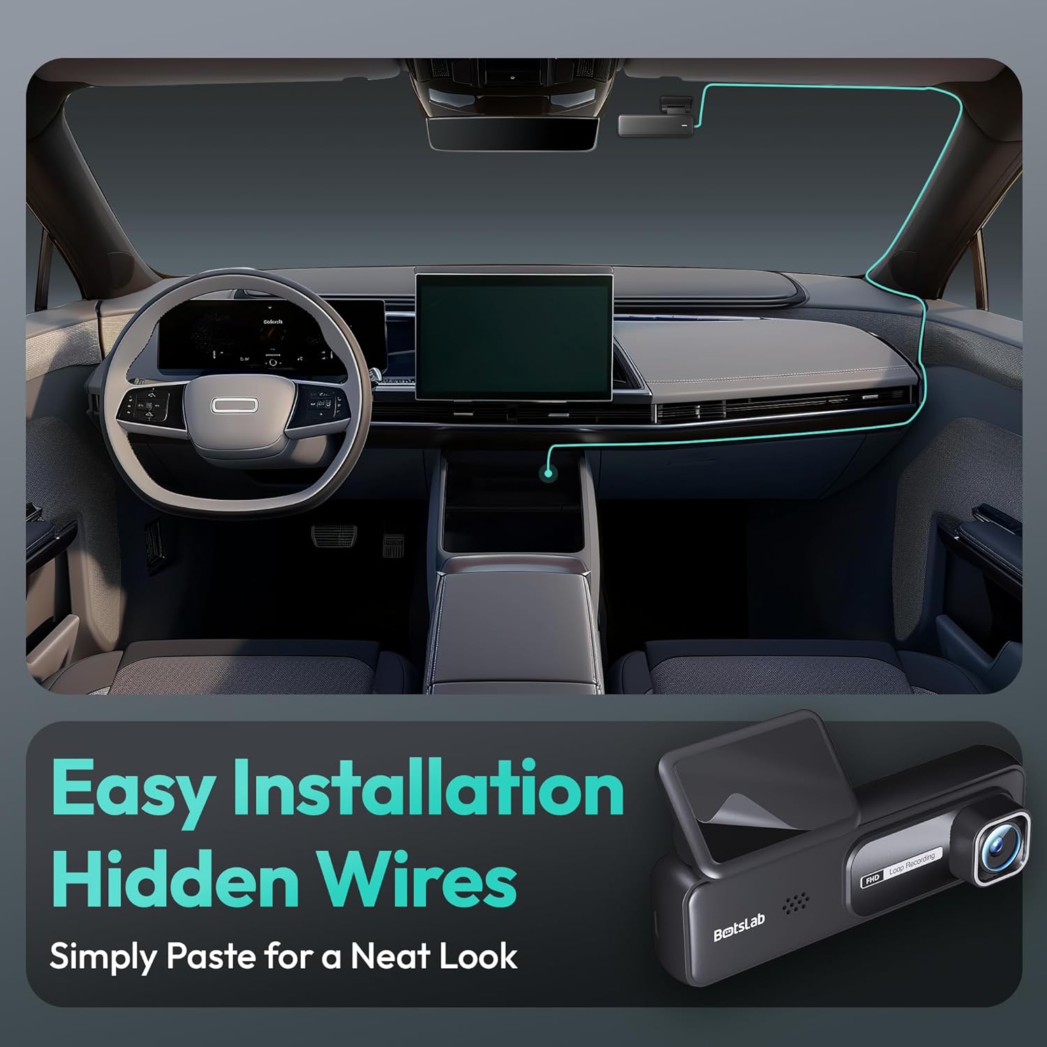 Diagram showing easy installation and hidden wires for dash cam