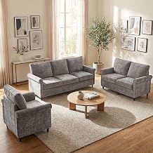 Mjkone 3 Pieces Living Room Sofa Set, Chenille Sofa Couch and Loveseat Chair Set, Sectional Sofas Couch Sets with Wood Frame, Gourd Shape Wood Legs, 6.7" Thicken Cushion, Rivets for Living Room, Grey