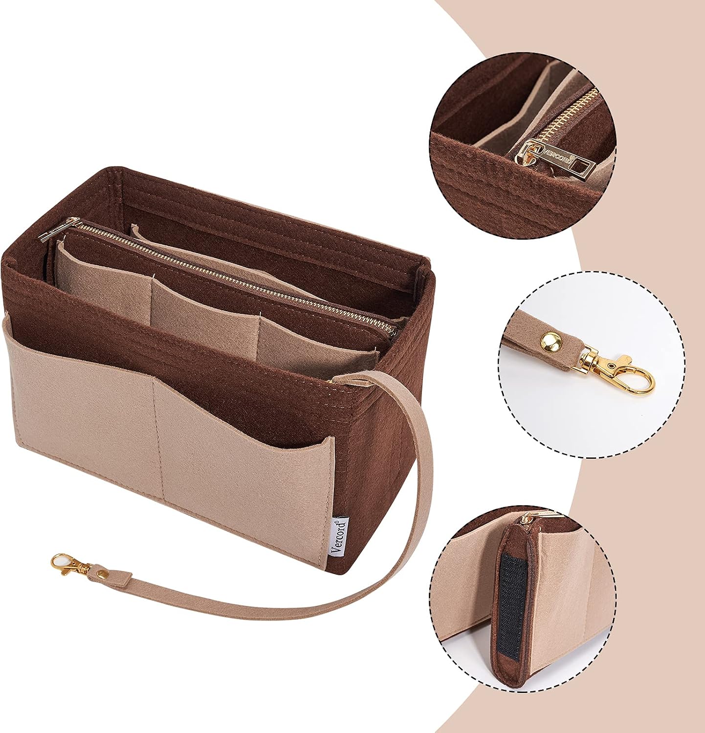 Vercord Felt Organizer Insert For Purse Handbag Tote Bag In Bag Inside Shaper Divider Neo Coffee & Beige Medium image 3