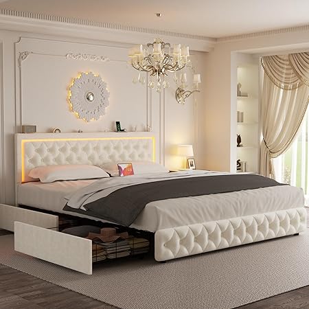 Full Bed Frame with 4 Storage Drawers, Velvet Upholstered Bed Frame Full Size with Charging Station and LED Lights, 46" Adjustable Button Tufted Headboard, No Box Spring Needed, Beige