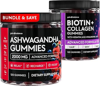 Ashwagandha Gummies 2000mg and Biotin Collagen Gummies 10000mcg Bundle for Women Men Relaxation Hair Growth Skin Nails - Sugar Free Vegan Pectin with Keratin Hyaluronic Acid Magnesium Zinc Vitamin D3