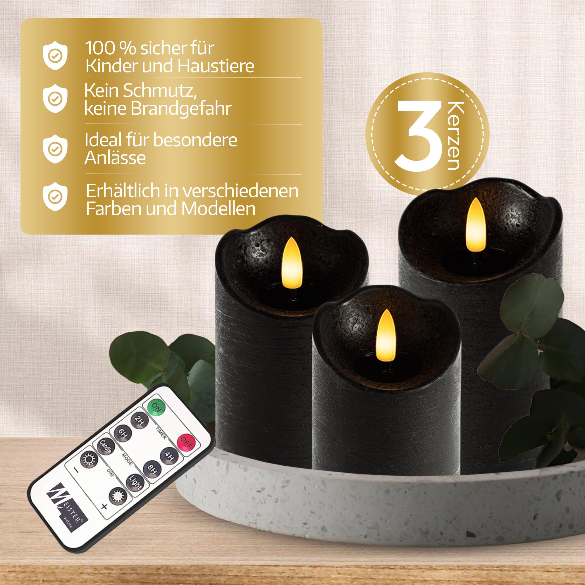 Meisterhome Juego de 3 velas LED negras, sin llama, con llama parpadeante, diseño rústico, con mando a distancia y temporizador, funciona con pilas, color blanco cálido, diámetro de 7,5 x 10/12,5/15
