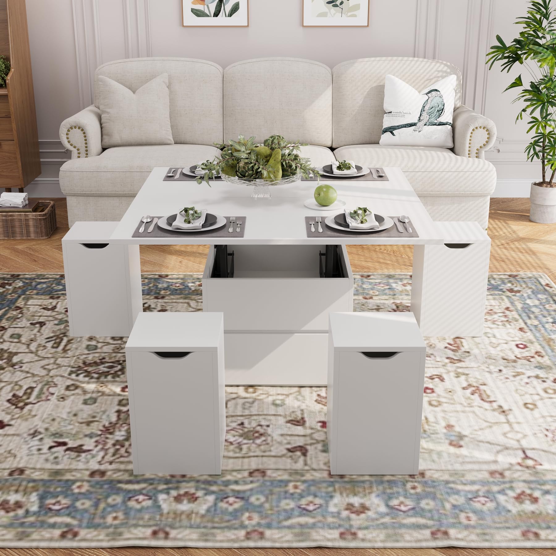 VOWNER Mesa de Centro Elevable Extensible (Blanco) | Multifuncional 4 en 1 con 4 Taburetes para Comedor de Salón