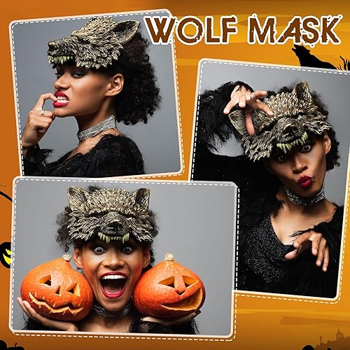 Miniatura 3 de Liliful 3 Pcs Wolf Mask Halloween Half Face Werewolf Mask Masquerade Animal Mask 3D Scary Wolf Costume for Men Adult Cosplay