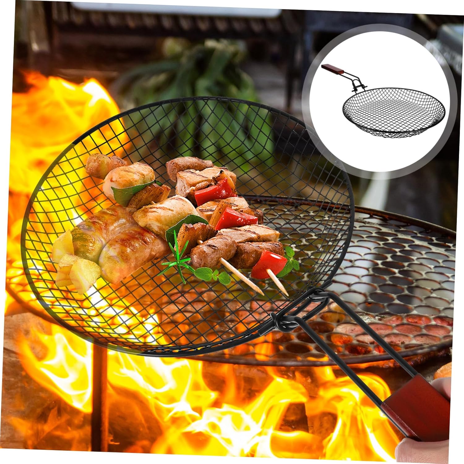 KICHOUSE Collapsible Grill Basket Stainless Steel Multi-function Barbecue Accessory with Ergonomic Handle for Outdoor Cooking for Meat and Vegetables