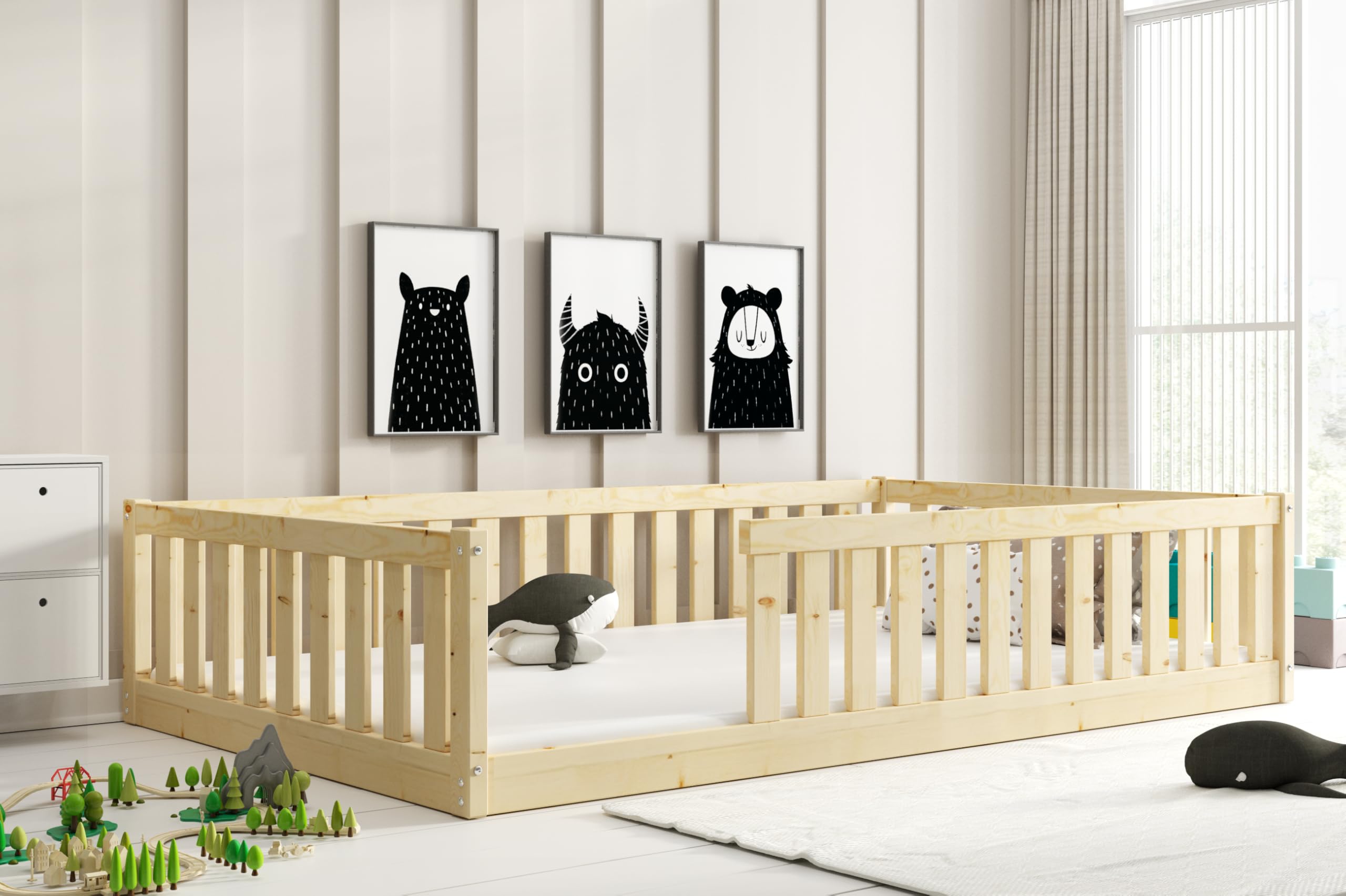 Interbeds Kinderbett Bella120x200 mit Rausfallschutz & Lattenrost Bodenbett aus Holz Einzelbett Montessori bed Gitterbett Kleinkindbett bis 120 kg Kiefer Holz massiv Junge Mädchen (Naturholz, 120x200)