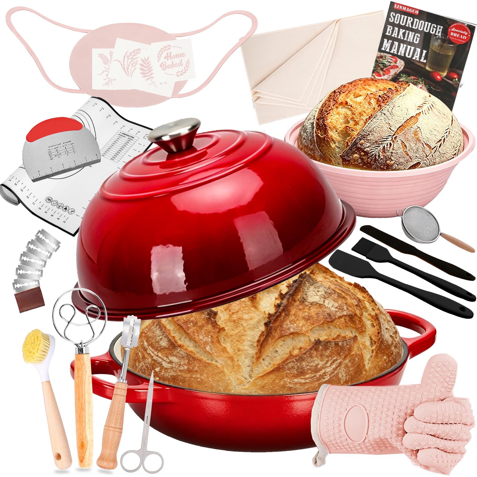Enameled Round Cast Iron Bread Oven - 4.7L Cast Iron Dutch Oven for Homemade Sourdough Bread Baking - Sourdough Bread Baking Supplies Starter Kit,Bread Pot with Dome Lid(Red)