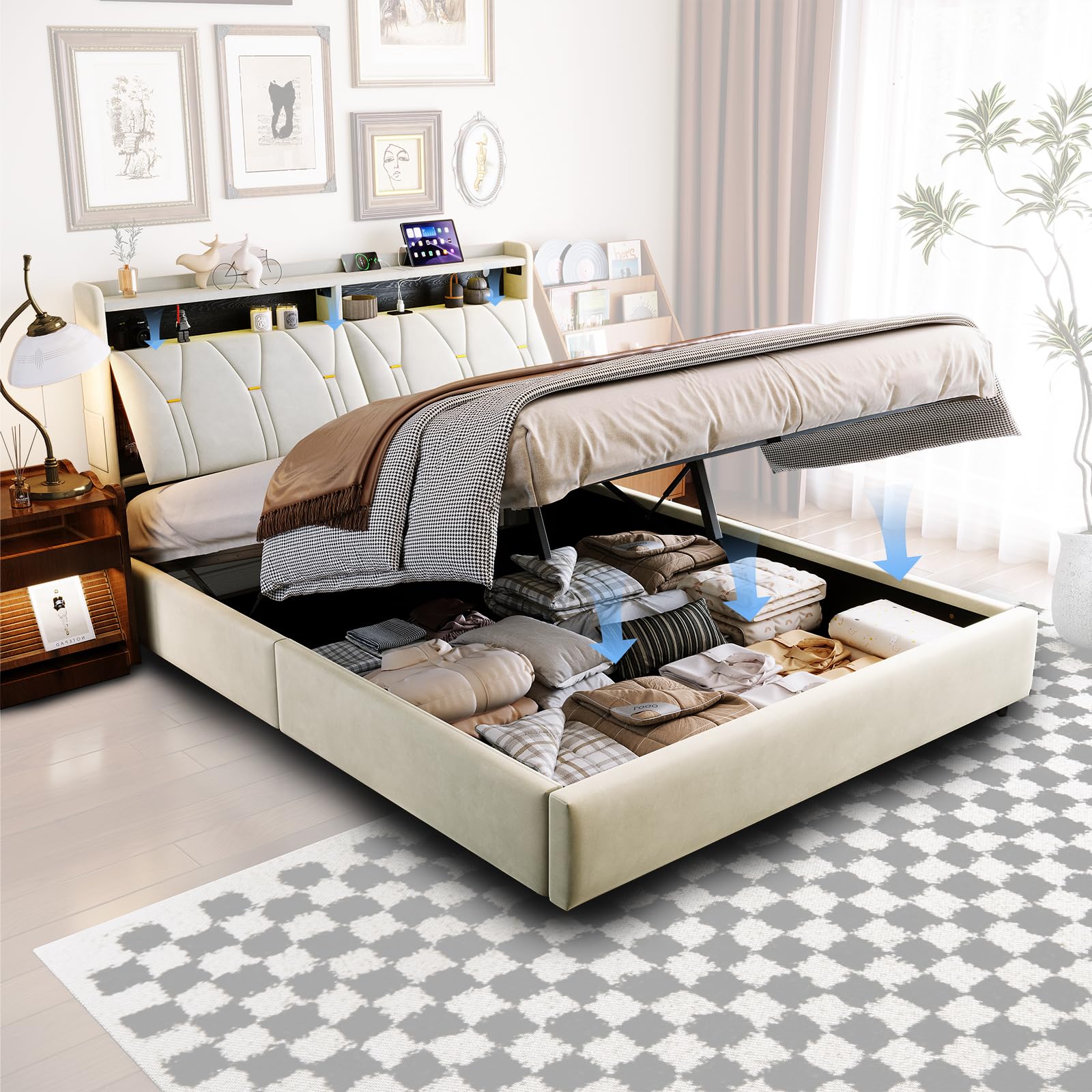 Cama Canapé 160x200 cm Queen Size con Pistones de Gas, Cabecero Reclinable, Terciopelo con LED y Type-C, 500kg (Sin Colchón)