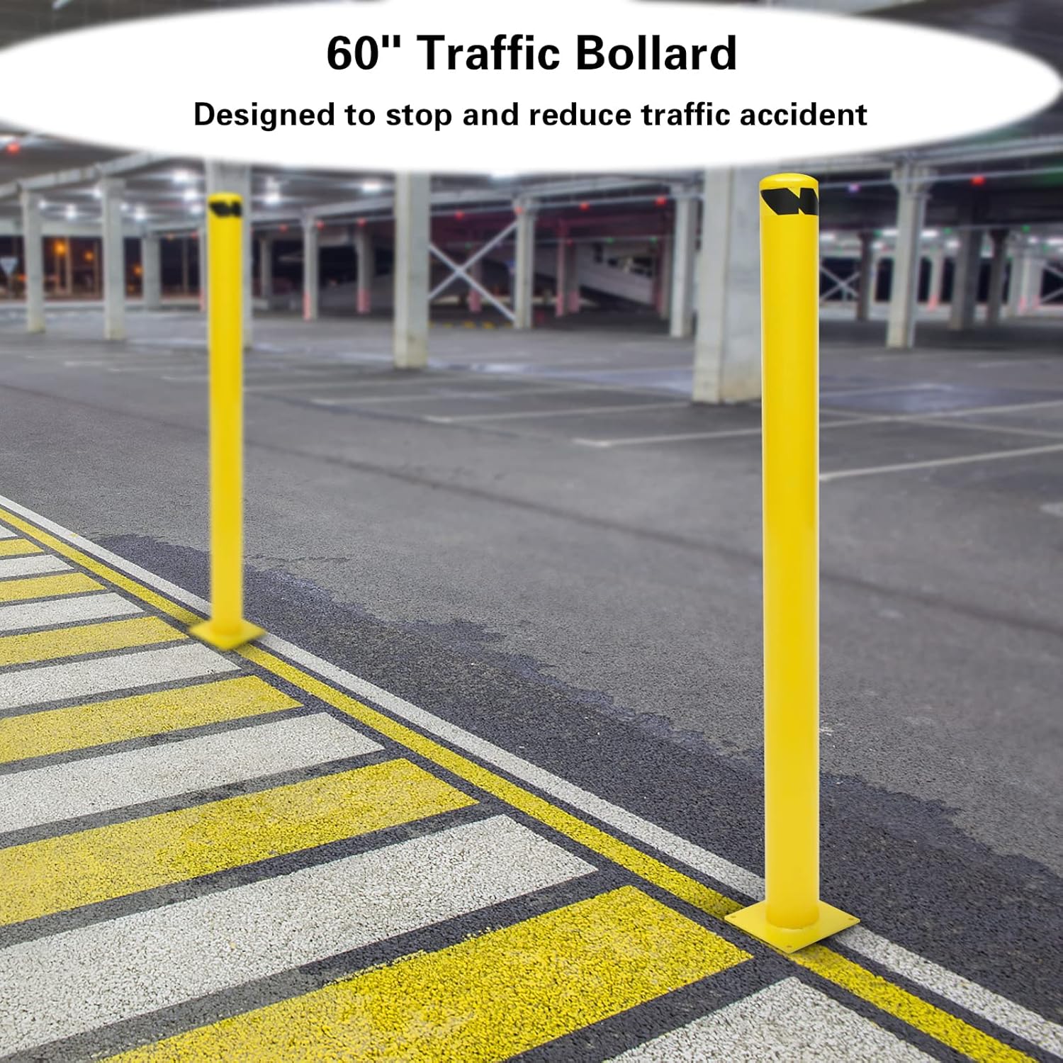 Safety Bollard, 60 in Height Bollard Post, 4.5 in Diameter Steel Pipe Safety Bollard Post, Yellow Steel Bollard Steel Safety Bollard with 4 Free Anchor Bolts for Traffic-Sensitive Area