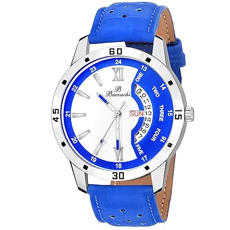 Buccachi Analogue White-Blue Round Day & Date Dial Watch for Men's (B-G5046-WHB-BL)