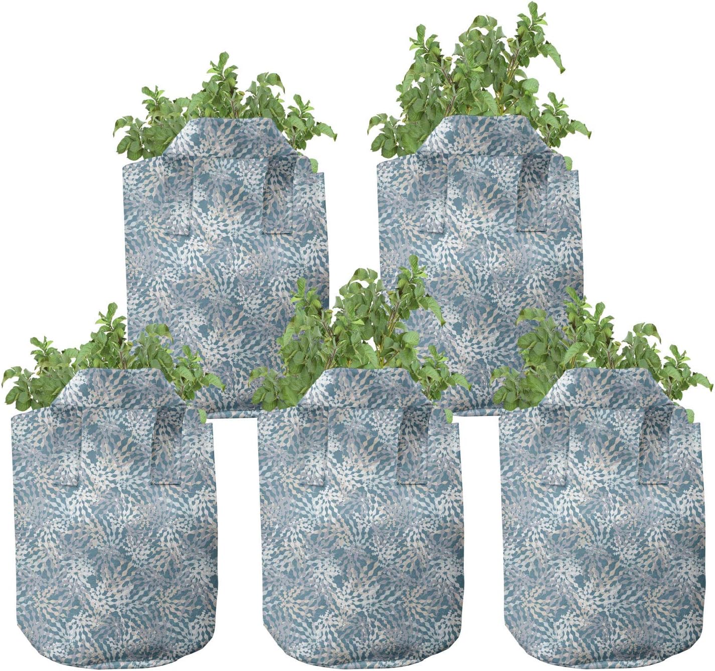 Lunarable Abstract Grow Bags 5-Pack, Herbs Botany Style Motif, Heavyduty Fabric Pots with Handles for Plants, 7 Gallon, Cadet Blue Multicolor