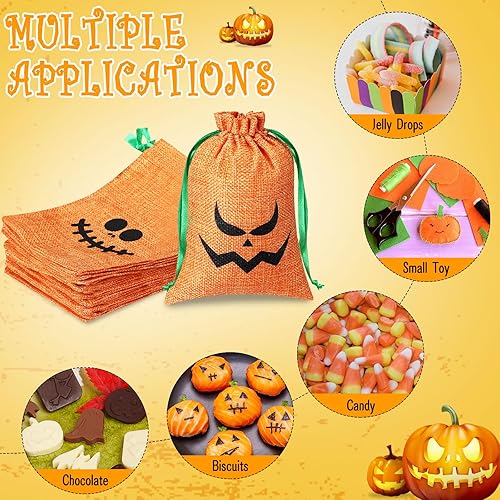 Miniatura 4 de Paterr 48 bolsas de arpillera de Halloween de 5 x 7 pulgadas, bolsas de regalo de calabaza a granel con cordón, pequeñas bolsas de dulces para