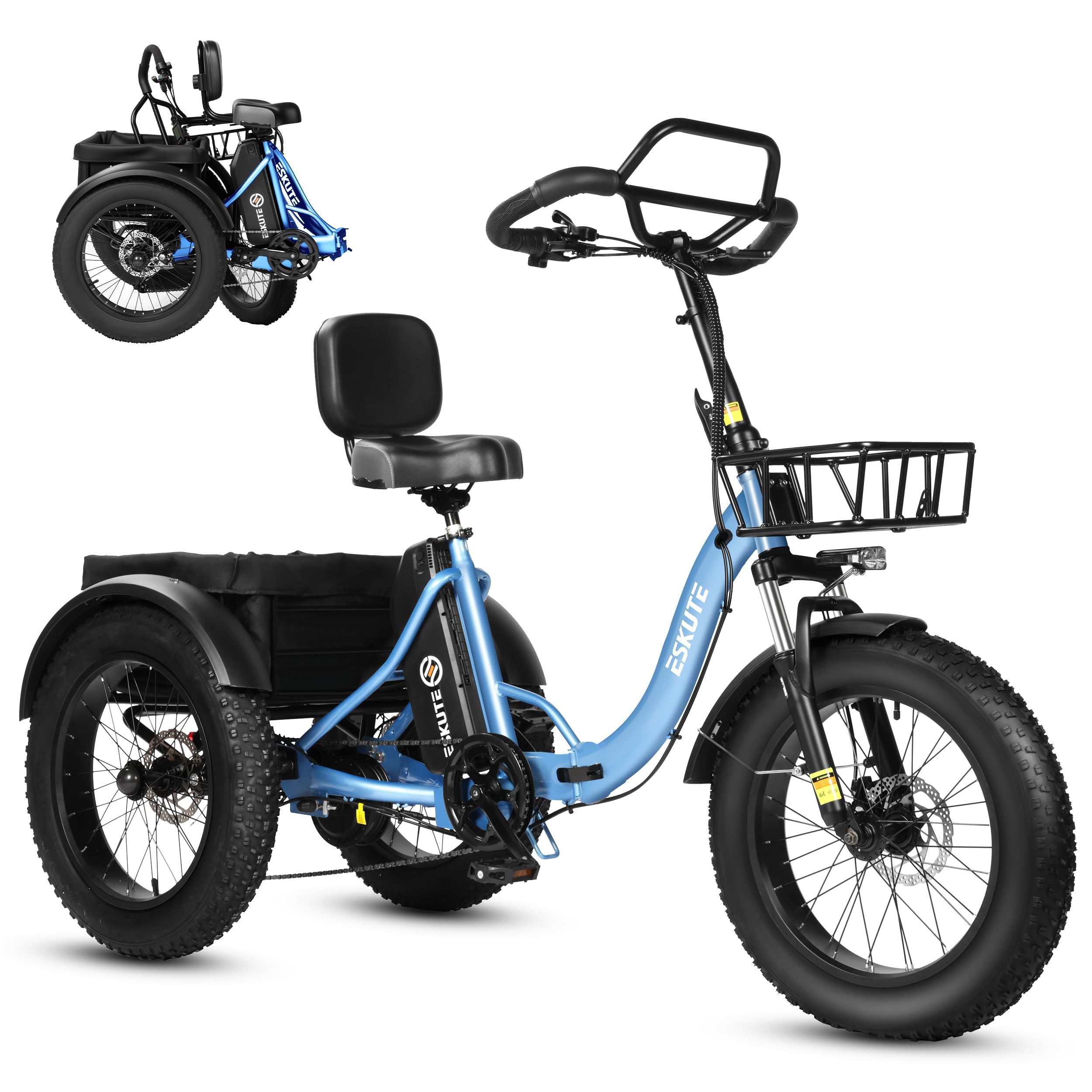 ESKUTE Triciclo Elettrico per Adulti T302 Pro, Fat Bike Elettrica 20×4.0 Pieghevole con Batteria Rimovibile 48V 20,8Ah, eBike a Tre Ruote con Motore 65Nm, Cambio 7 Velocità, Autonomia fino a 130 km