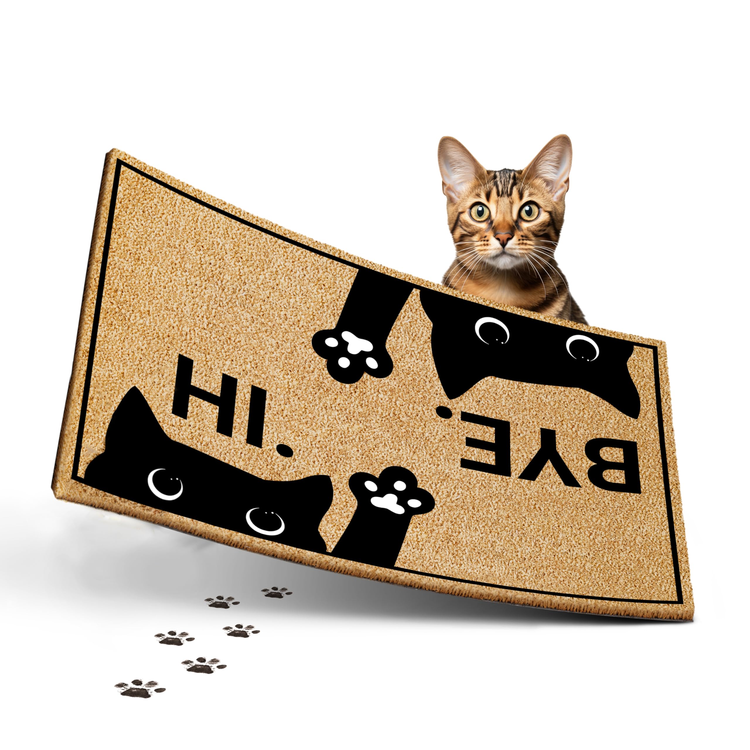 ElbFuchs® Divertido Felpudo de Coco | 60x40cm | Hoja Rama [Extra Duradera Y Antideslizante] | Felpudo de Coco Exterior e Interior | Felpudo de Entrada (Hi Bye Gatos, 60x40cm)
